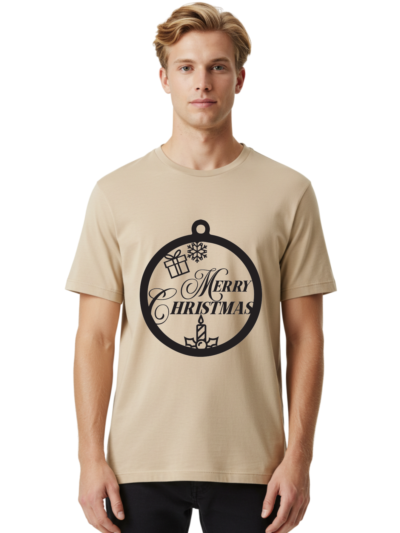 Merry-Christmas Men'S Graphic Tee, 100% Cotton, Comfortable Casual Summer Wear, Machine Washable, Christmas Ornament, Festive Decorations, Holiday Cheer, Merry Christmas Message, Gift Giving, Candlelight, Snowflake, Christmas Gifts, Aad004