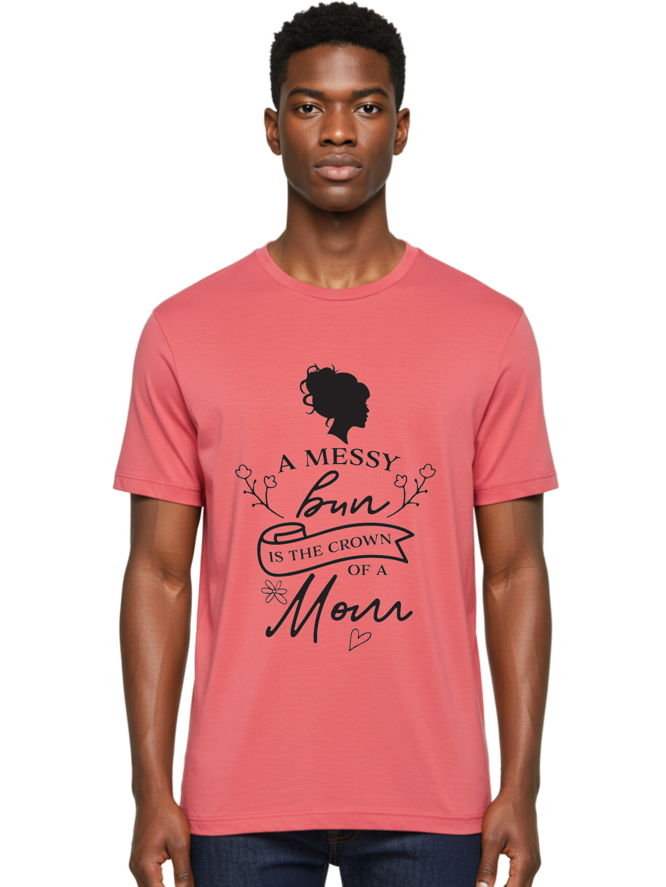 Messy-Bun Men'S Graphic Tee, 100% Cotton, Comfortable Casual Summer Wear, Machine Washable, Messy Bun Hairstyle, Mom Life, Motherhood, Cute Quote, Floral Design, Feminine Charm, Motherly Love, Hair Bun, Inspirational Quote Aad006