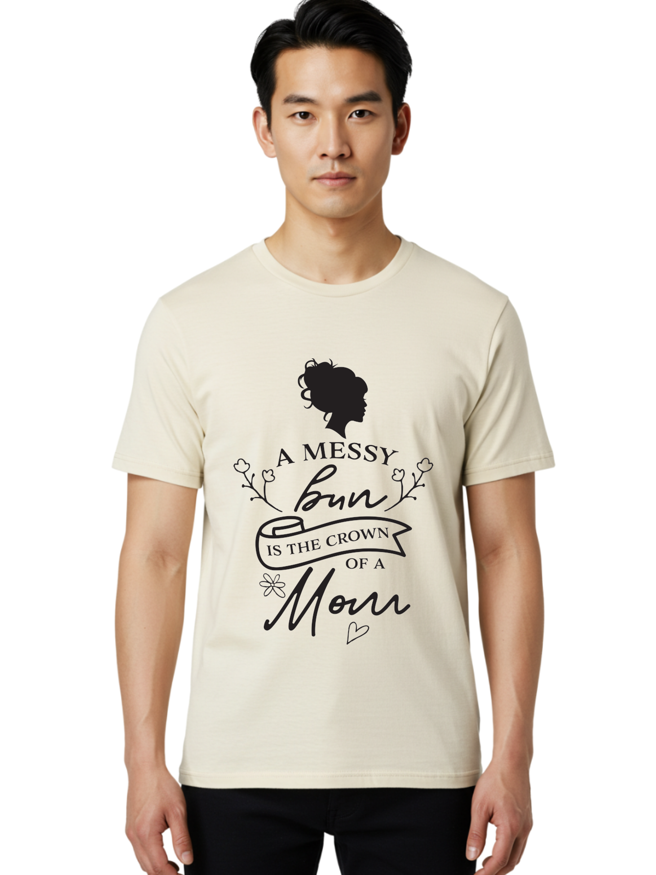 Messy-Bun Men'S Graphic Tee, 100% Cotton, Comfortable Casual Summer Wear, Machine Washable, Messy Bun Hairstyle, Mom Life, Motherhood, Cute Quote, Floral Design, Feminine Charm, Motherly Love, Hair Bun, Inspirational Quote Aad006