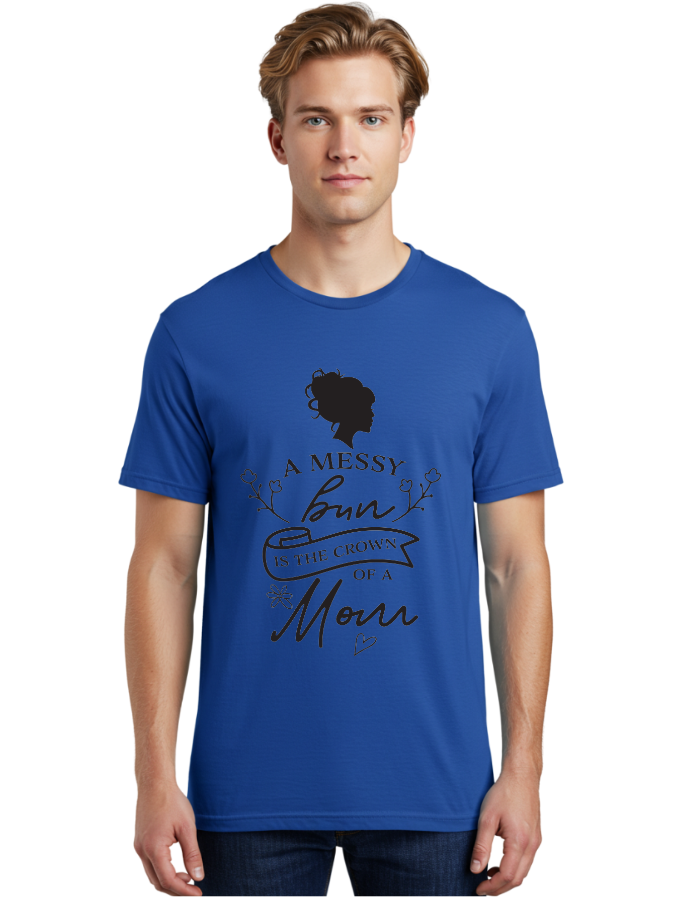Messy-Bun Men'S Graphic Tee, 100% Cotton, Comfortable Casual Summer Wear, Machine Washable, Messy Bun Hairstyle, Mom Life, Motherhood, Cute Quote, Floral Design, Feminine Charm, Motherly Love, Hair Bun, Inspirational Quote Aad006