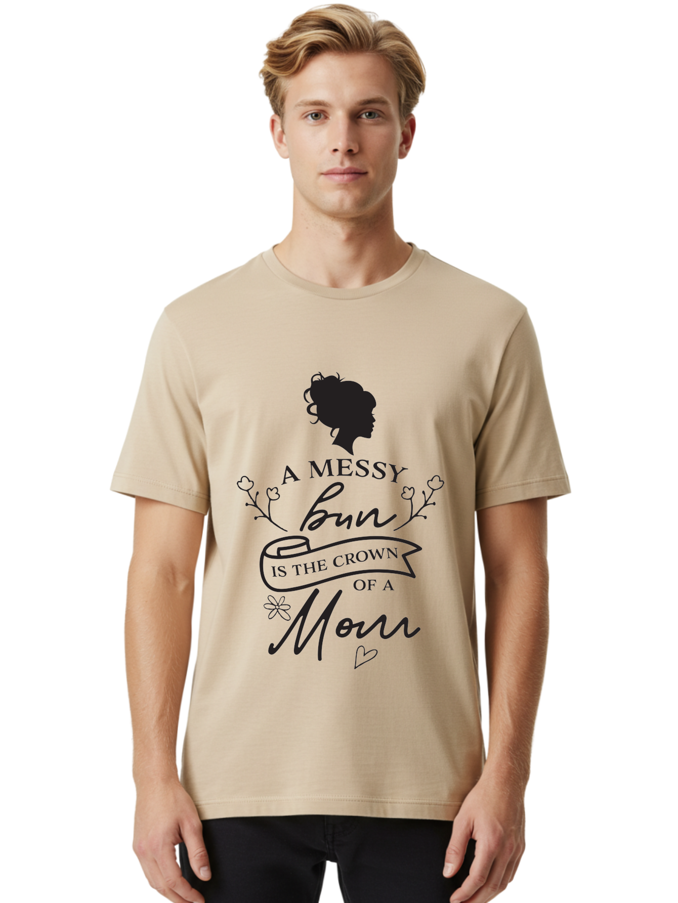 Messy-Bun Men'S Graphic Tee, 100% Cotton, Comfortable Casual Summer Wear, Machine Washable, Messy Bun Hairstyle, Mom Life, Motherhood, Cute Quote, Floral Design, Feminine Charm, Motherly Love, Hair Bun, Inspirational Quote Aad006