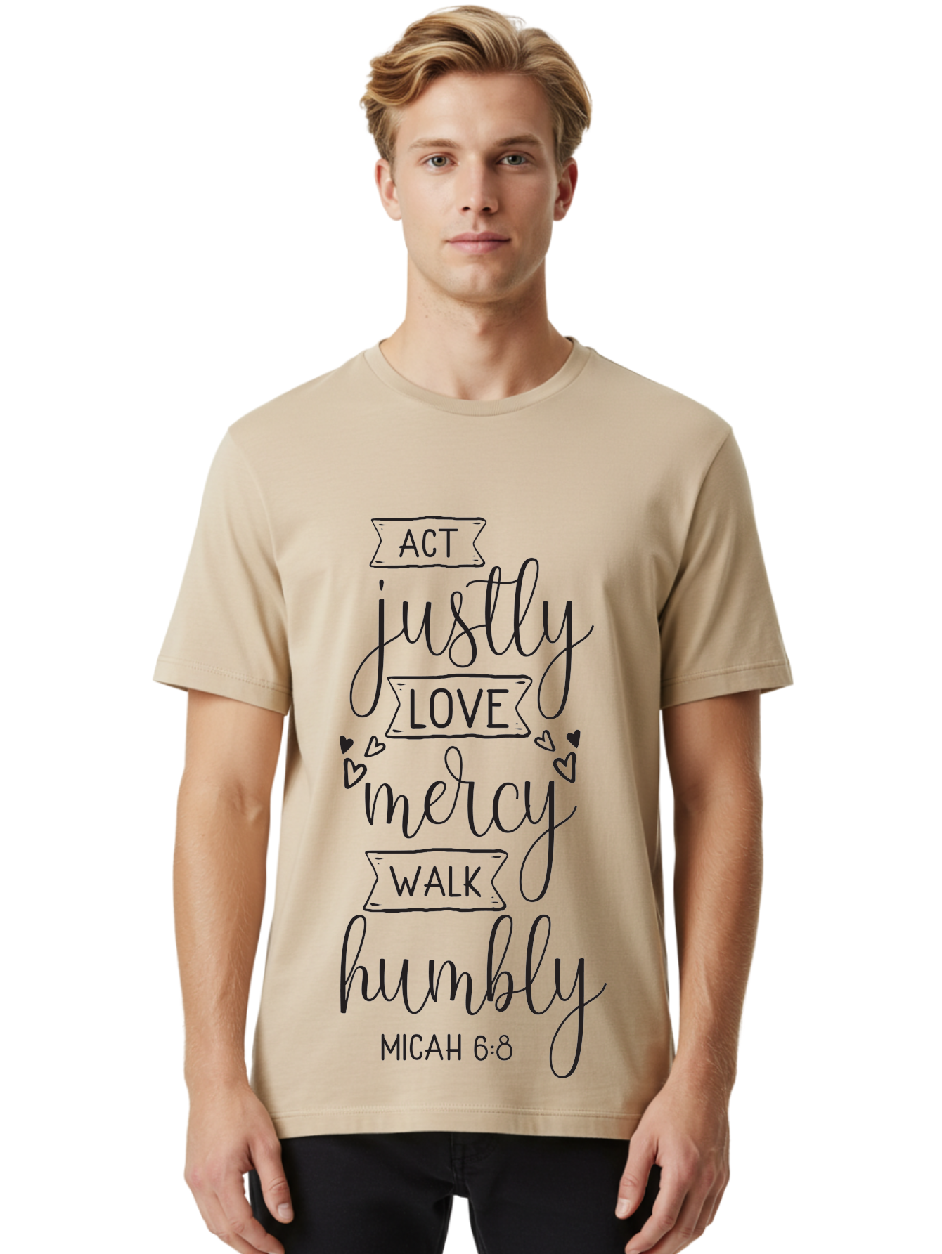 Micah-6-8 Men'S Graphic Tee, 100% Cotton, Comfortable Casual Summer Wear, Machine Washable, Inspirational Quote, Biblical Verse, Micah 6:8, Act Justly, Love Mercy, Walk Humbly, Motivational Words, Heartwarming Message, Kindness, Compassion, Aad007
