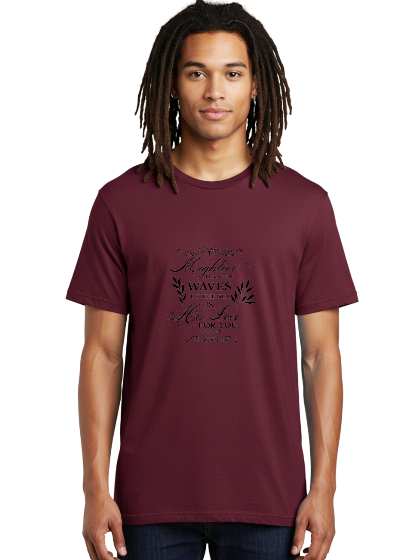 Mightier-Than-The-Waves-Of-The-Sea Men'S Graphic Tee, 100% Cotton, Comfortable Casual Summer Wear, Machine Washable, Inspirational Quote, Psalm 93:4, Bible Verse, Love For You, Waves Of The Sea, Mightier Love, Black Typography, Aad008