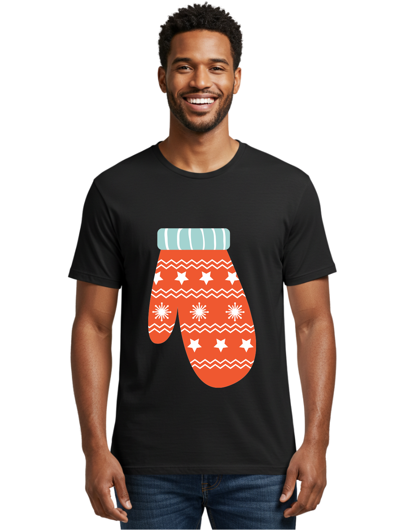 Mitten Men'S Graphic Tee, 100% Cotton, Comfortable Casual Summer Wear, Machine Washable, Red Christmas Mitten, White Snowflakes, White Stars, Zigzag Pattern, Winter Clothing, Holiday Accessories, Festive Design, Cold Weather Gear, Aad009