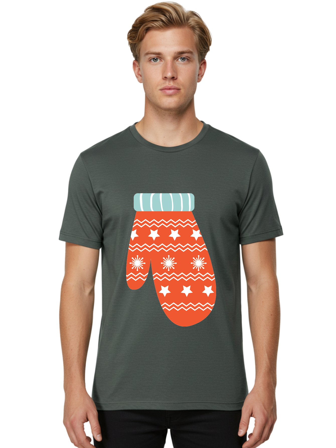 Mitten Men'S Graphic Tee, 100% Cotton, Comfortable Casual Summer Wear, Machine Washable, Red Christmas Mitten, White Snowflakes, White Stars, Zigzag Pattern, Winter Clothing, Holiday Accessories, Festive Design, Cold Weather Gear, Aad009