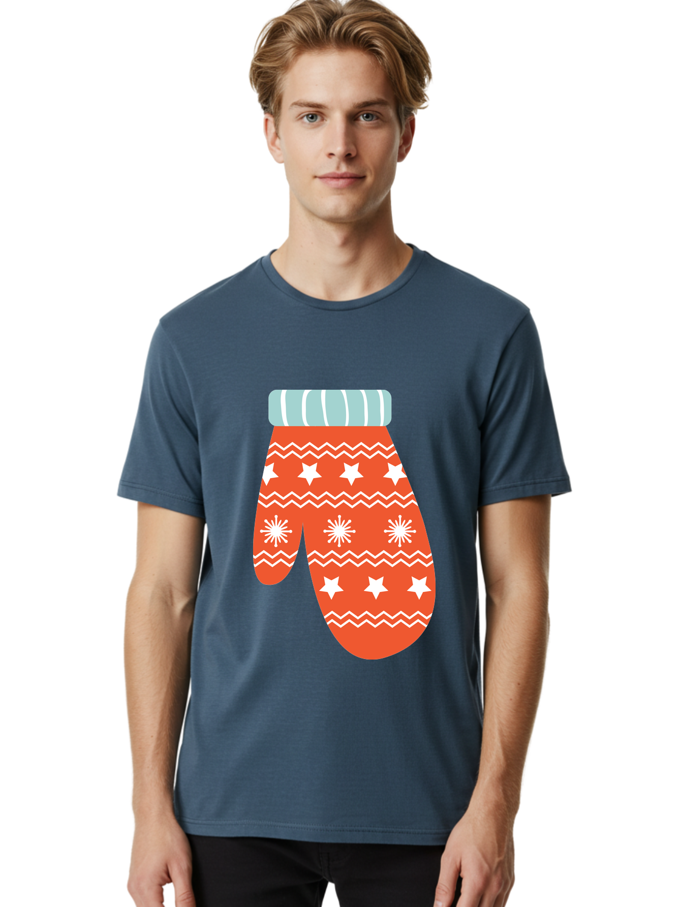 Mitten Men'S Graphic Tee, 100% Cotton, Comfortable Casual Summer Wear, Machine Washable, Red Christmas Mitten, White Snowflakes, White Stars, Zigzag Pattern, Winter Clothing, Holiday Accessories, Festive Design, Cold Weather Gear, Aad009