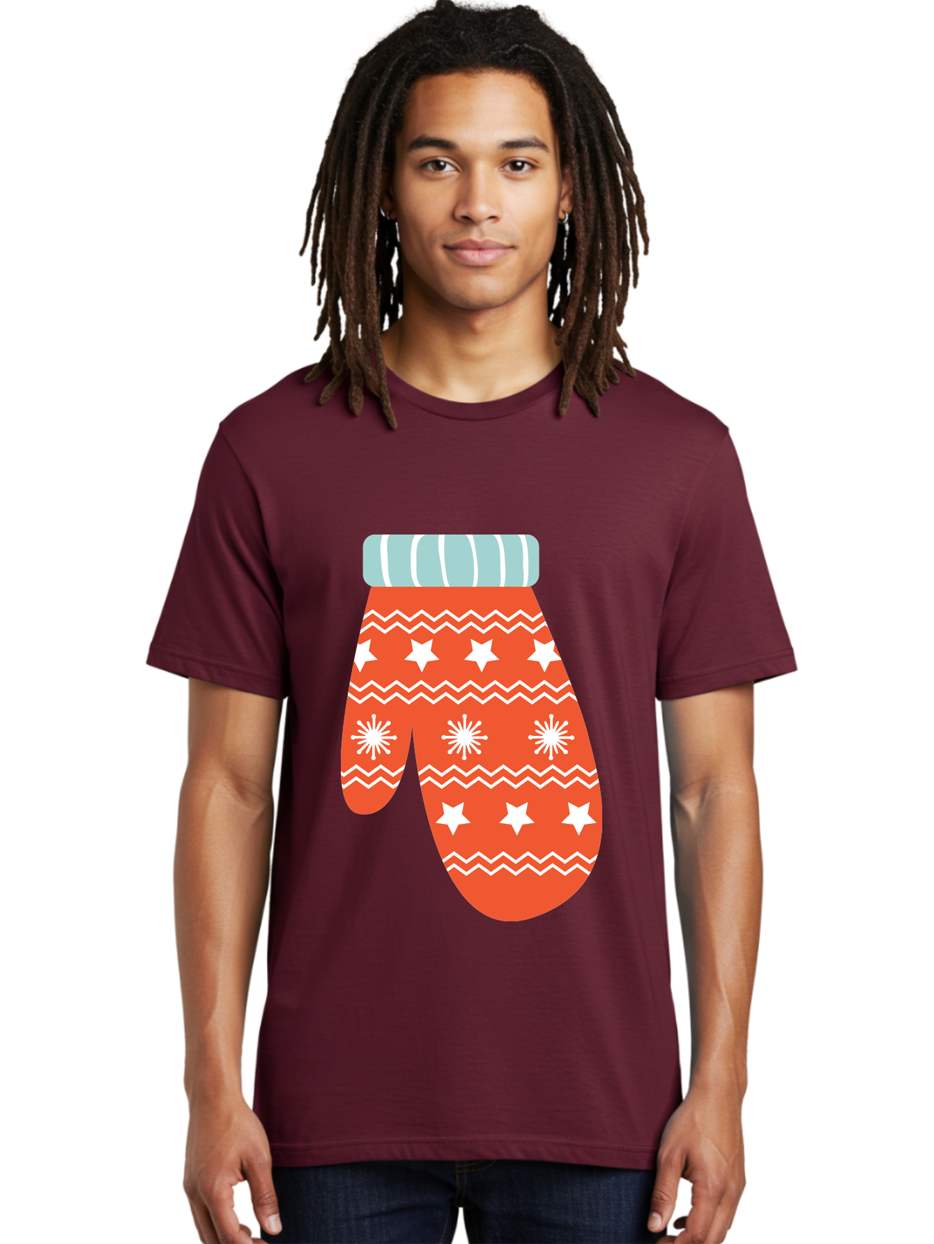 Mitten Men'S Graphic Tee, 100% Cotton, Comfortable Casual Summer Wear, Machine Washable, Red Christmas Mitten, White Snowflakes, White Stars, Zigzag Pattern, Winter Clothing, Holiday Accessories, Festive Design, Cold Weather Gear, Aad009