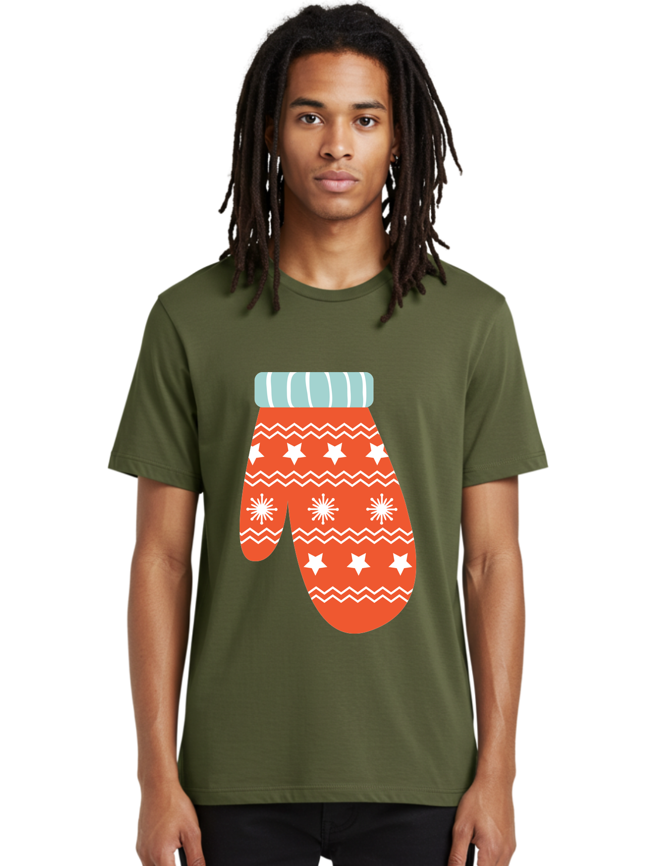 Mitten Men'S Graphic Tee, 100% Cotton, Comfortable Casual Summer Wear, Machine Washable, Red Christmas Mitten, White Snowflakes, White Stars, Zigzag Pattern, Winter Clothing, Holiday Accessories, Festive Design, Cold Weather Gear, Aad009