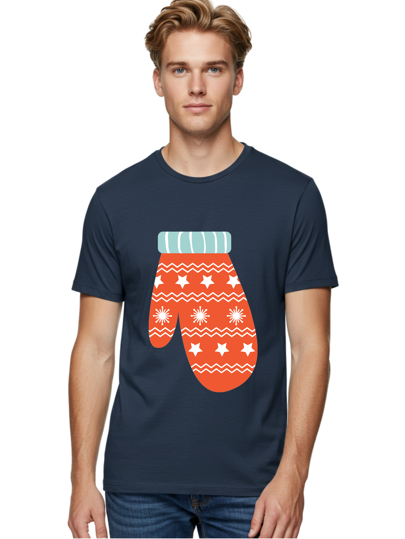 Mitten Men'S Graphic Tee, 100% Cotton, Comfortable Casual Summer Wear, Machine Washable, Red Christmas Mitten, White Snowflakes, White Stars, Zigzag Pattern, Winter Clothing, Holiday Accessories, Festive Design, Cold Weather Gear, Aad009