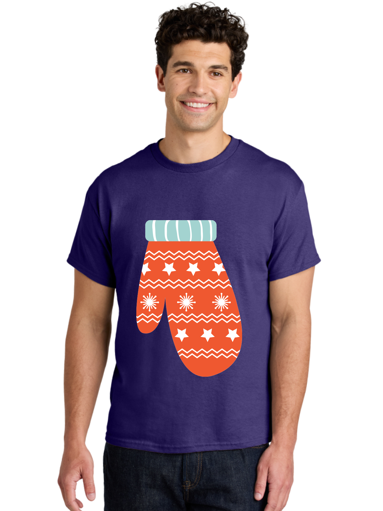 Mitten Men'S Graphic Tee, 100% Cotton, Comfortable Casual Summer Wear, Machine Washable, Red Christmas Mitten, White Snowflakes, White Stars, Zigzag Pattern, Winter Clothing, Holiday Accessories, Festive Design, Cold Weather Gear, Aad009