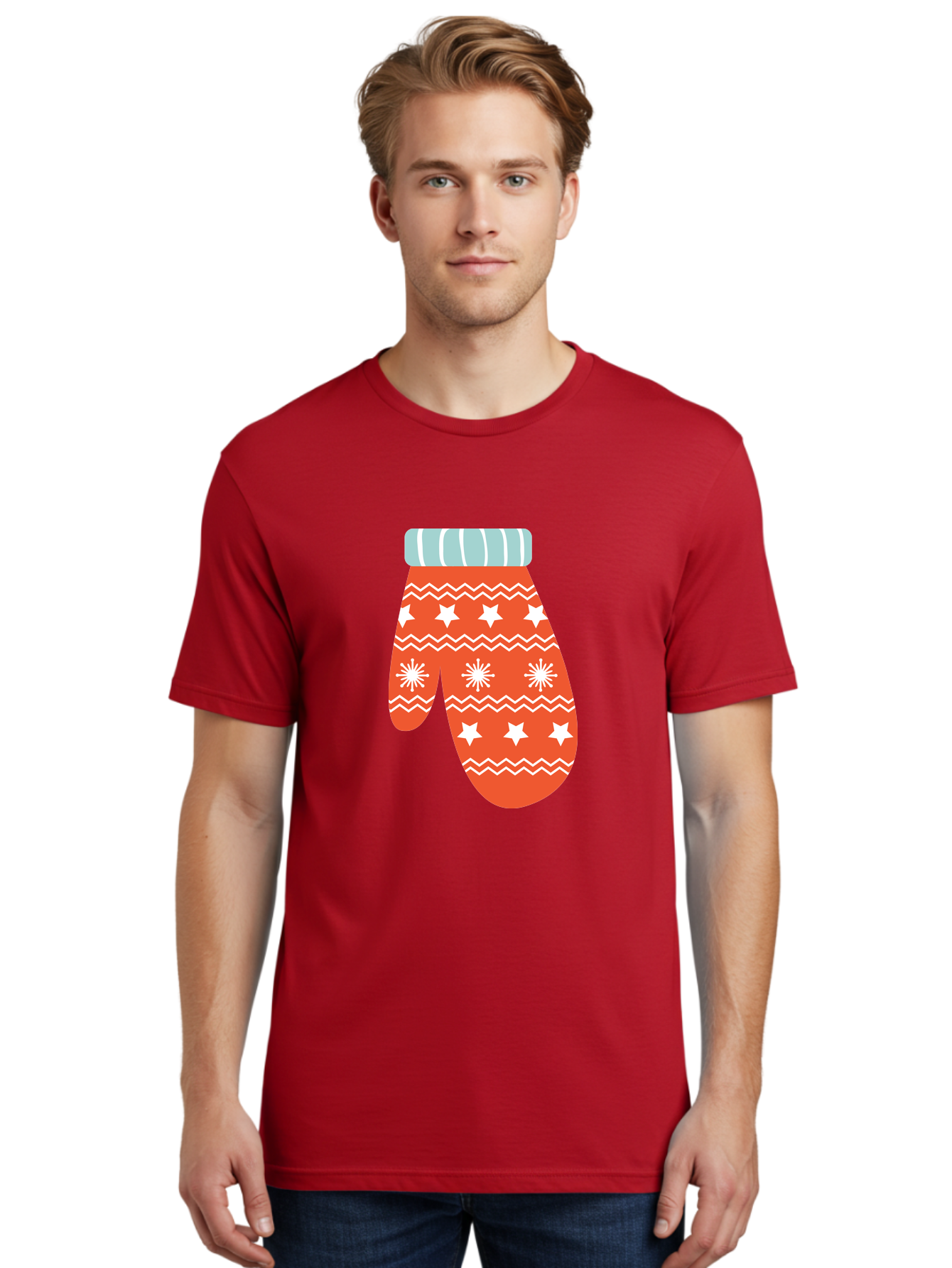 Mitten Men'S Graphic Tee, 100% Cotton, Comfortable Casual Summer Wear, Machine Washable, Red Christmas Mitten, White Snowflakes, White Stars, Zigzag Pattern, Winter Clothing, Holiday Accessories, Festive Design, Cold Weather Gear, Aad009