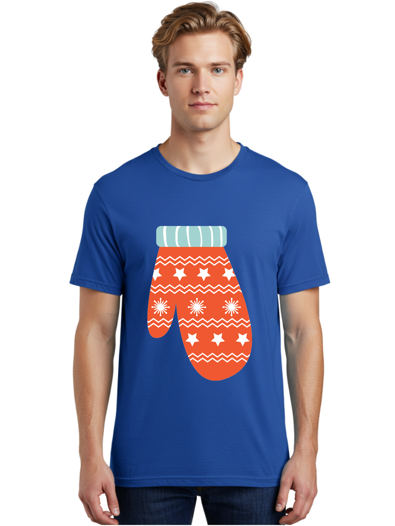 Mitten Men'S Graphic Tee, 100% Cotton, Comfortable Casual Summer Wear, Machine Washable, Red Christmas Mitten, White Snowflakes, White Stars, Zigzag Pattern, Winter Clothing, Holiday Accessories, Festive Design, Cold Weather Gear, Aad009