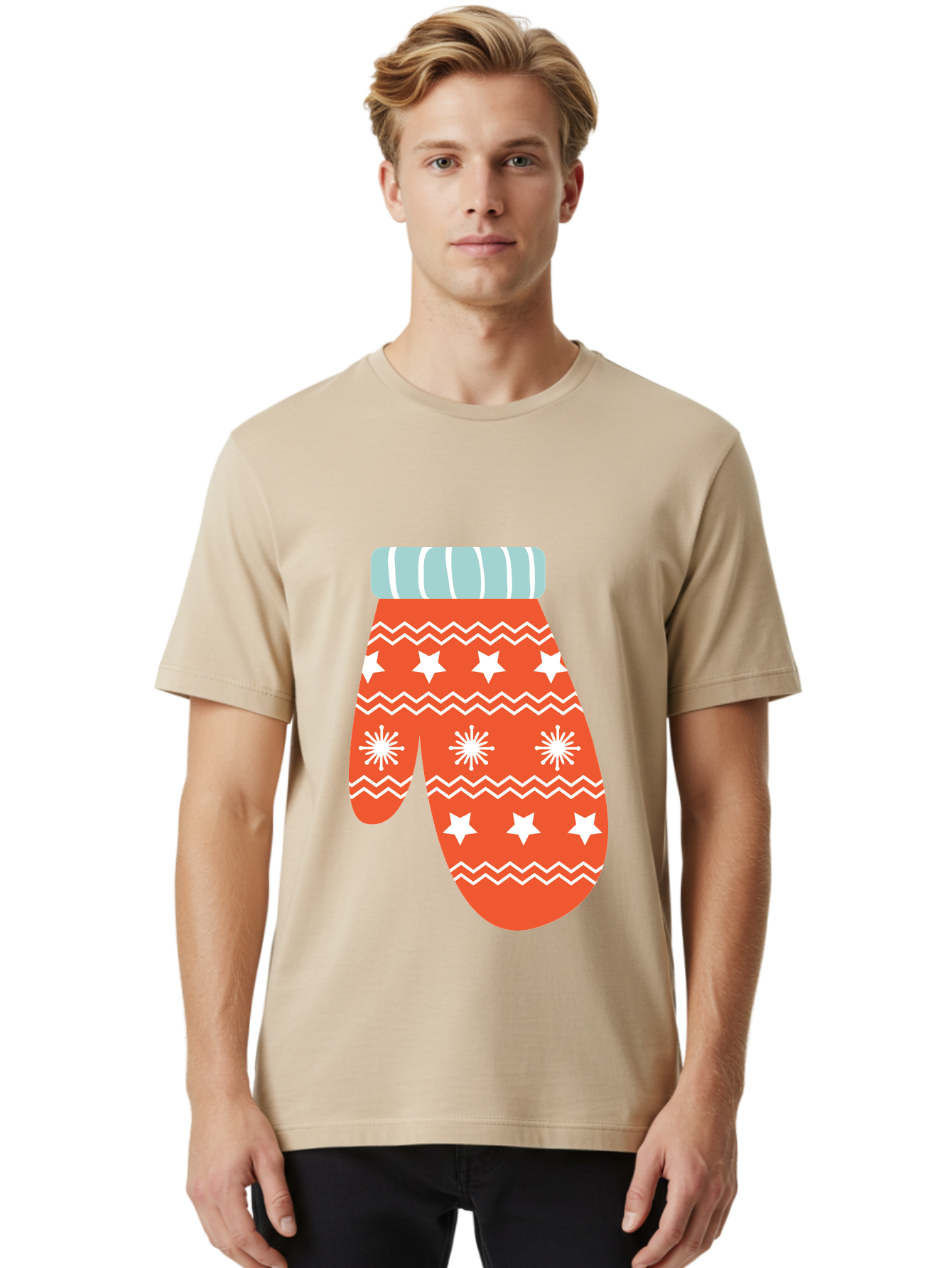 Mitten Men'S Graphic Tee, 100% Cotton, Comfortable Casual Summer Wear, Machine Washable, Red Christmas Mitten, White Snowflakes, White Stars, Zigzag Pattern, Winter Clothing, Holiday Accessories, Festive Design, Cold Weather Gear, Aad009