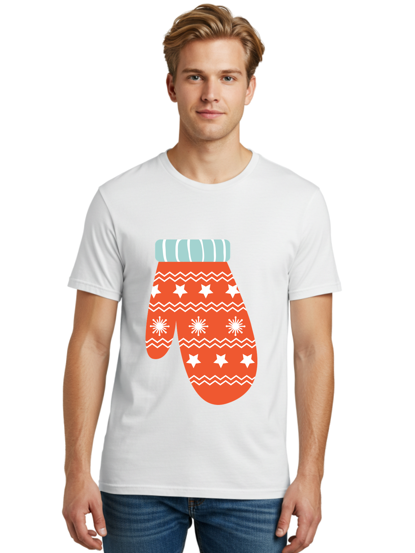 Mitten Men'S Graphic Tee, 100% Cotton, Comfortable Casual Summer Wear, Machine Washable, Red Christmas Mitten, White Snowflakes, White Stars, Zigzag Pattern, Winter Clothing, Holiday Accessories, Festive Design, Cold Weather Gear, Aad009