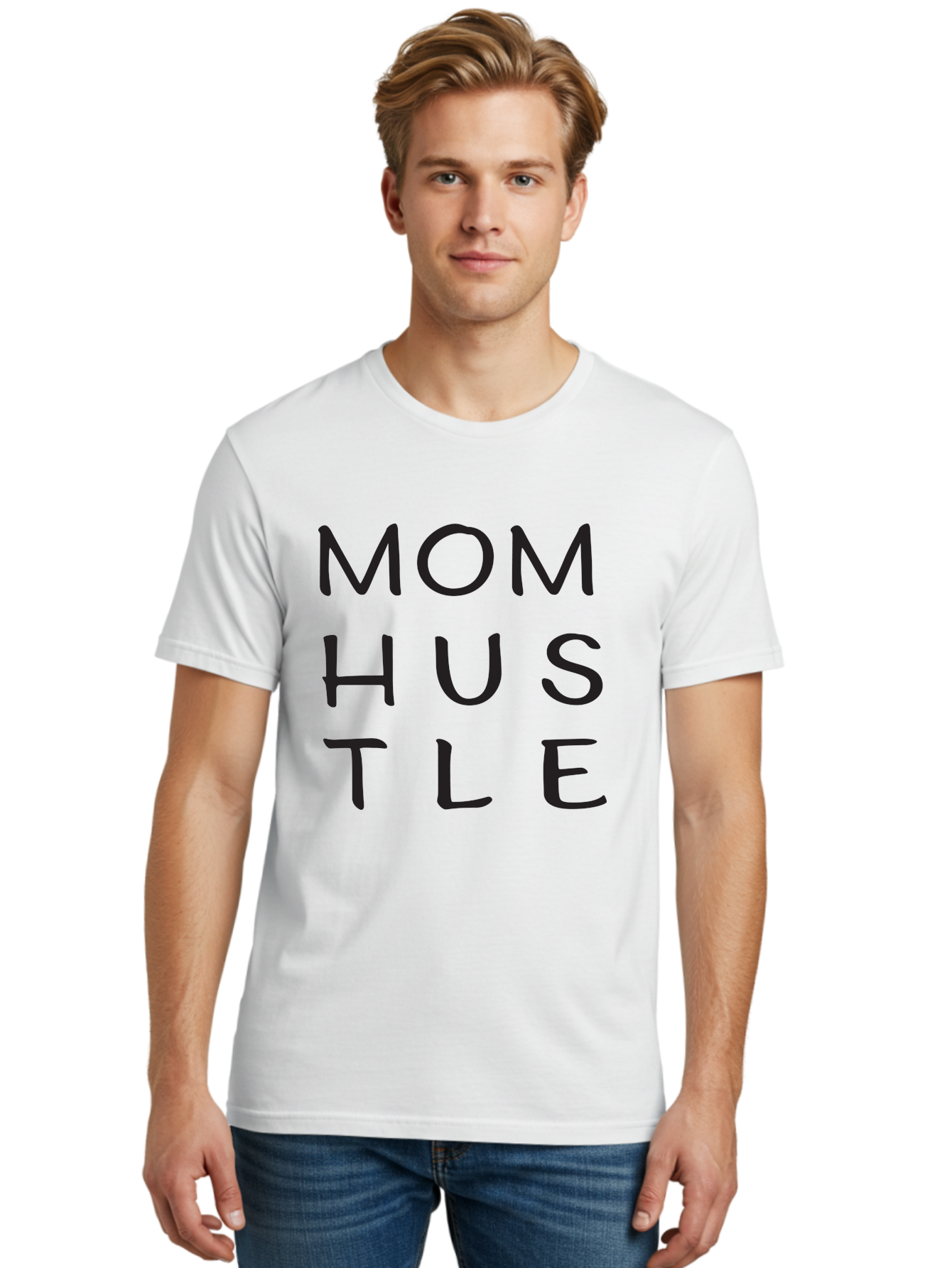 Mom-Hustle Men'S Graphic Tee, 100% Cotton, Comfortable Casual Summer Wear, Machine Washable, Motivational Quote, Mom Hustle, Handwritten Text, Black Font, Inspirational Phrase, Empowerment Message, Handwritten Style Aad011