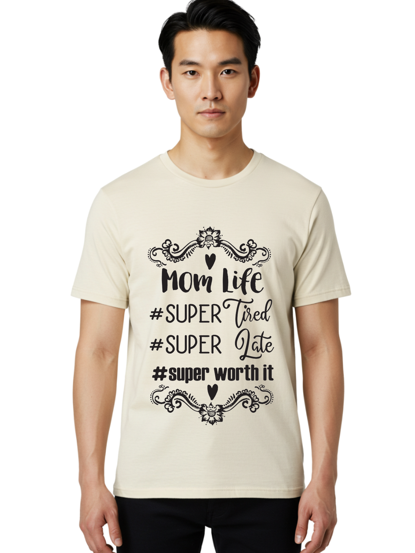 Mom-Life Men'S Graphic Tee, 100% Cotton, Comfortable Casual Summer Wear, Machine Washable, Mom Life, Motherhood, Parenting, Parenting Quote, Super Tired, Super Late, Super Worth It, Motherhood Journey, Mom Quote, Parenting Life Aad013