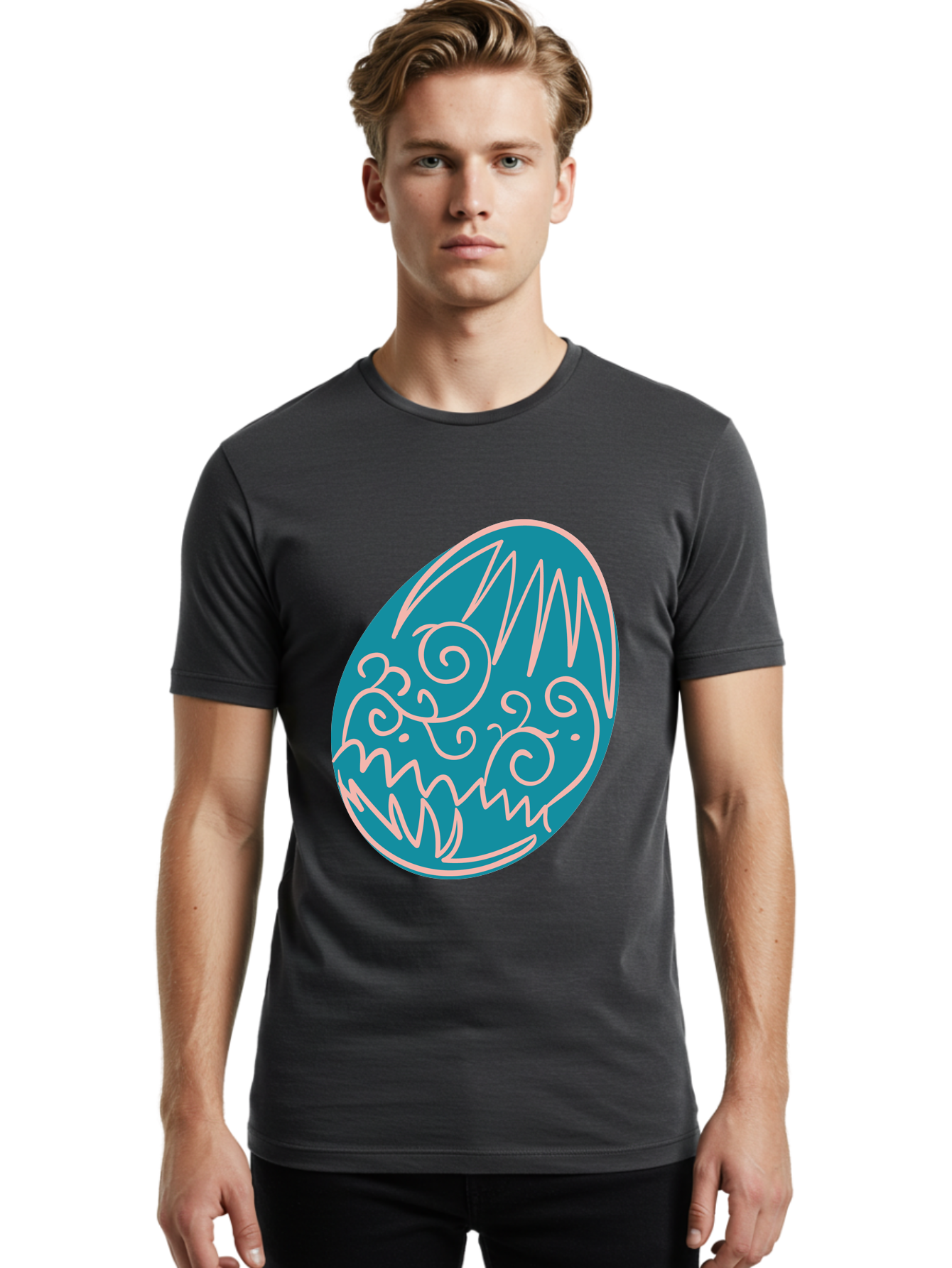 Monster-Egg Men'S Graphic Tee, 100% Cotton, Comfortable Casual Summer Wear, Machine Washable, Monster Face, Easter Egg, Blue Egg, White Outline, Playful Design, Cartoon Style, Abstract Art, Creative Illustration, Fantasy Creature, Aad020