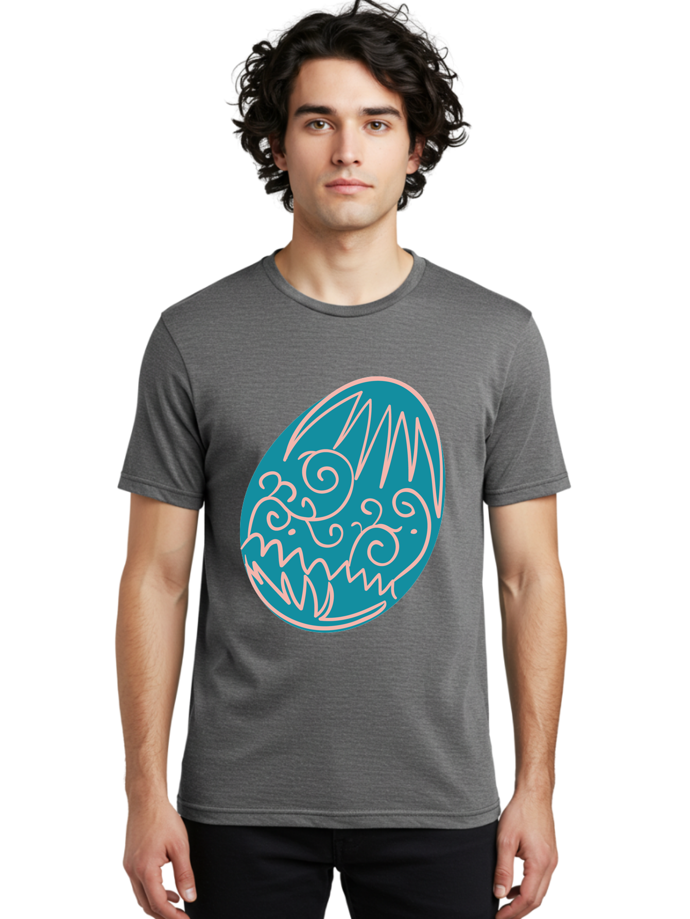 Monster-Egg Men'S Graphic Tee, 100% Cotton, Comfortable Casual Summer Wear, Machine Washable, Monster Face, Easter Egg, Blue Egg, White Outline, Playful Design, Cartoon Style, Abstract Art, Creative Illustration, Fantasy Creature, Aad020
