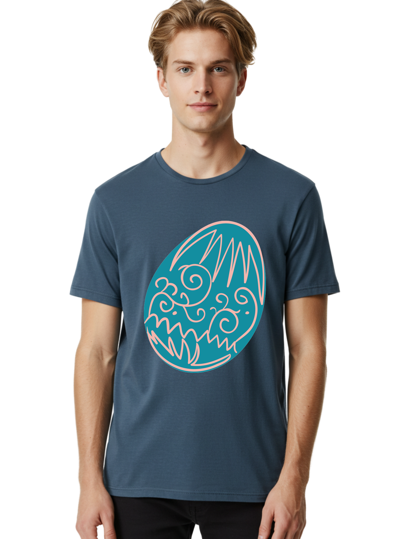 Monster-Egg Men'S Graphic Tee, 100% Cotton, Comfortable Casual Summer Wear, Machine Washable, Monster Face, Easter Egg, Blue Egg, White Outline, Playful Design, Cartoon Style, Abstract Art, Creative Illustration, Fantasy Creature, Aad020