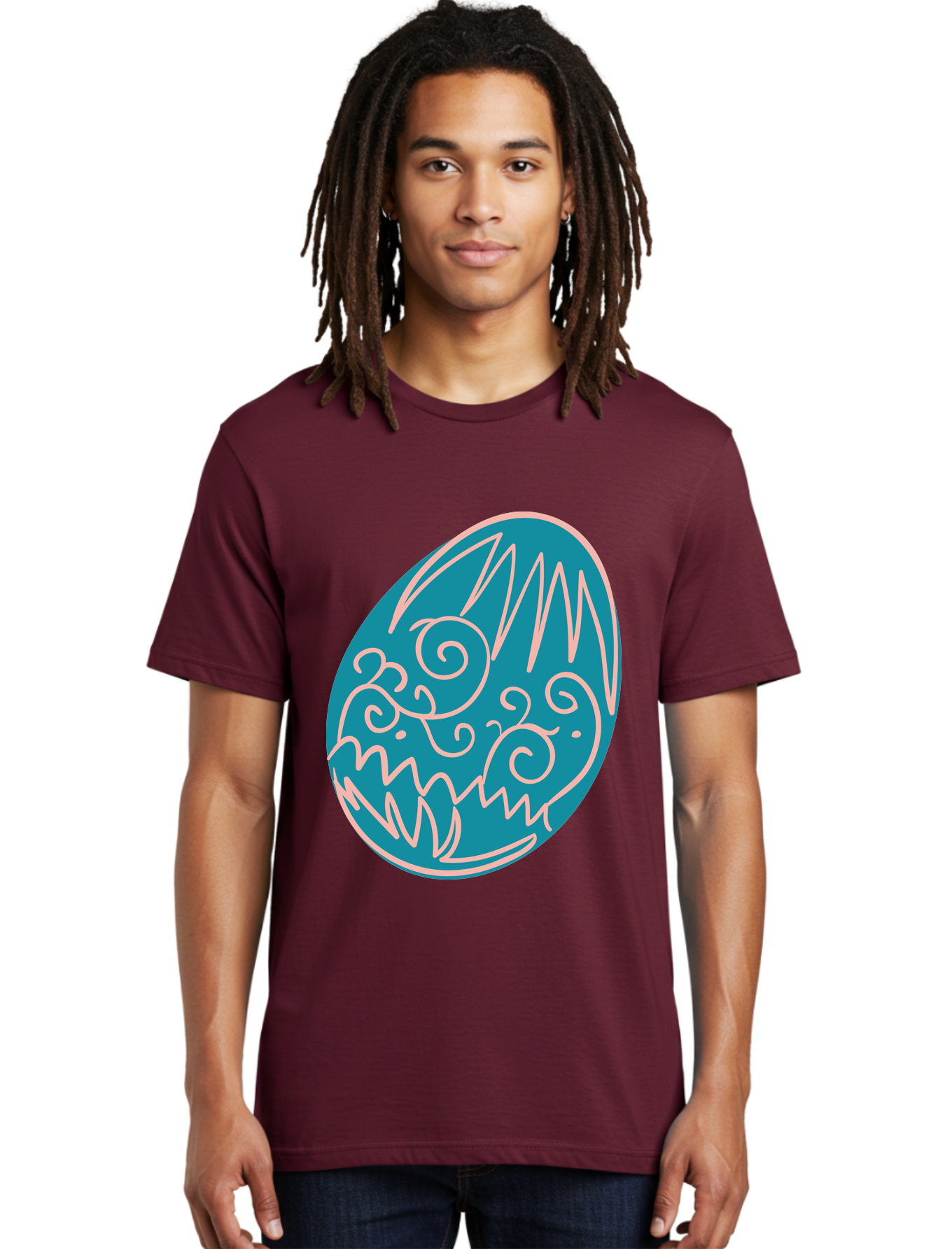 Monster-Egg Men'S Graphic Tee, 100% Cotton, Comfortable Casual Summer Wear, Machine Washable, Monster Face, Easter Egg, Blue Egg, White Outline, Playful Design, Cartoon Style, Abstract Art, Creative Illustration, Fantasy Creature, Aad020