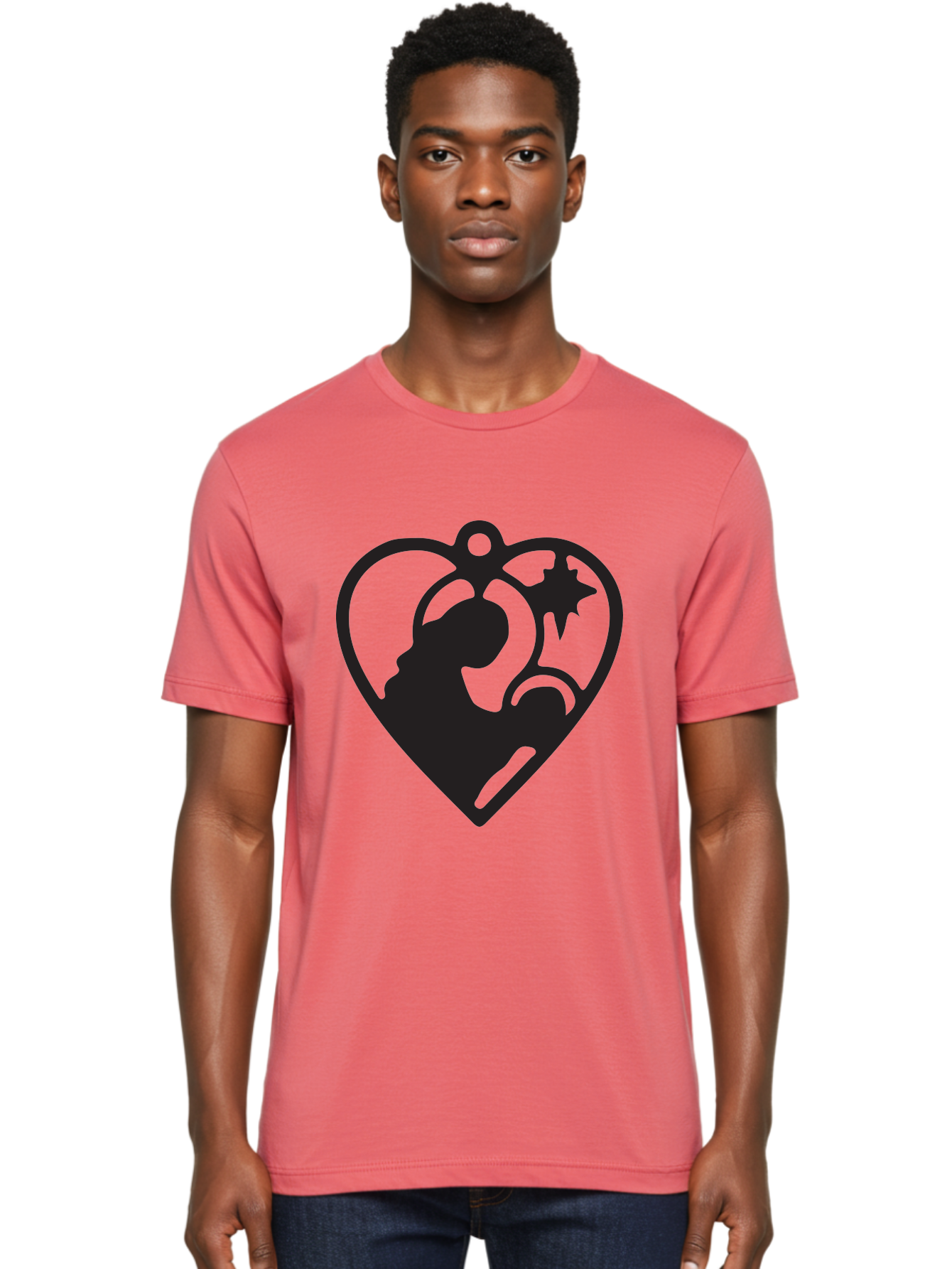 Mother-And-Child Men'S Graphic Tee, 100% Cotton, Comfortable Casual Summer Wear, Machine Washable, Mother And Child Silhouette, Heart-Shaped Ornament, Love Symbol, Family Bond, Nurturing Moment, Star And Crescent Moon Aad021