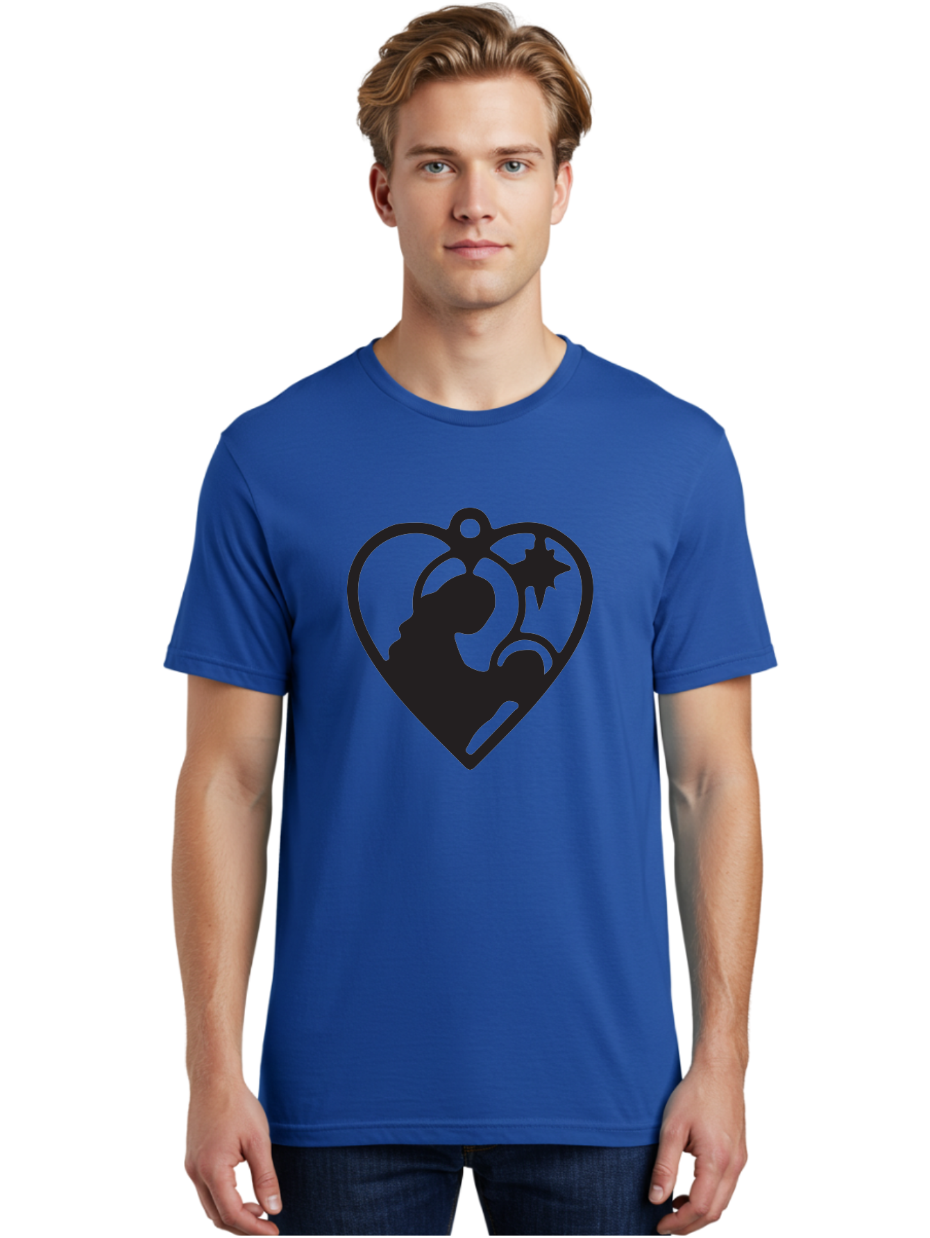 Mother-And-Child Men'S Graphic Tee, 100% Cotton, Comfortable Casual Summer Wear, Machine Washable, Mother And Child Silhouette, Heart-Shaped Ornament, Love Symbol, Family Bond, Nurturing Moment, Star And Crescent Moon Aad021