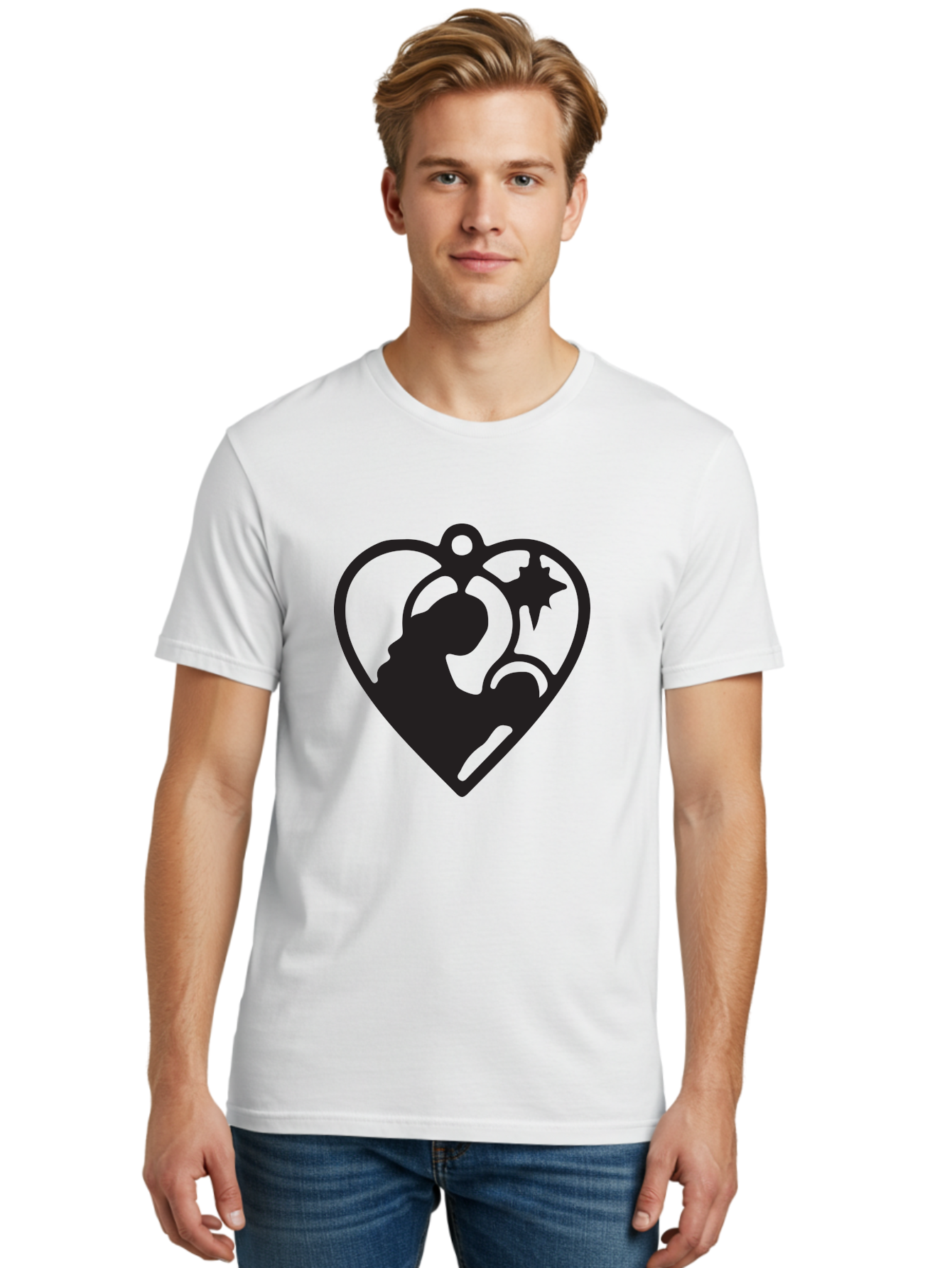 Mother-And-Child Men'S Graphic Tee, 100% Cotton, Comfortable Casual Summer Wear, Machine Washable, Mother And Child Silhouette, Heart-Shaped Ornament, Love Symbol, Family Bond, Nurturing Moment, Star And Crescent Moon Aad021