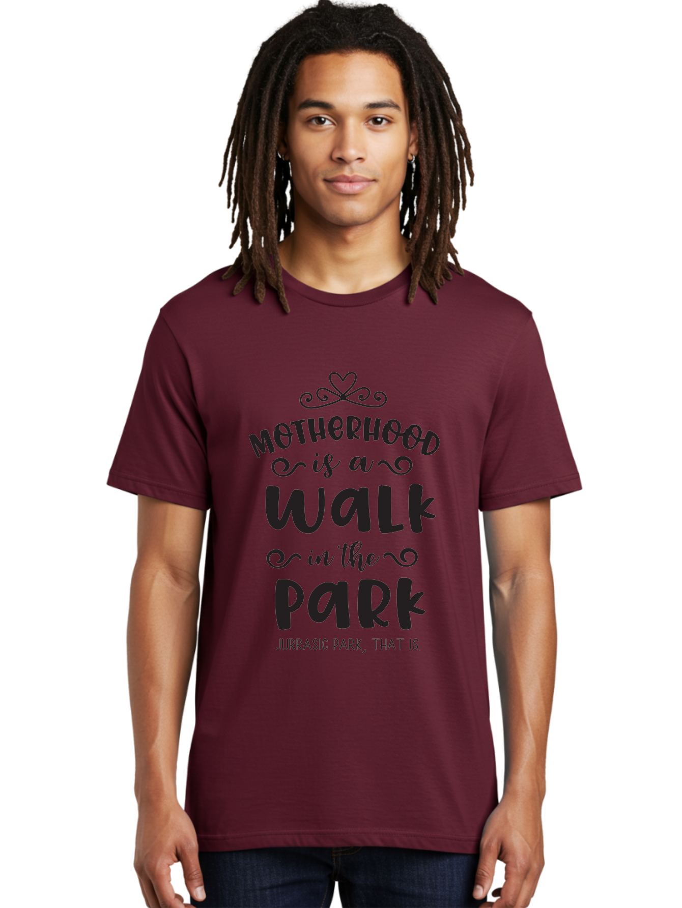 Motherhood-Is-A-Walk-In-Jurassic-Park Men'S Graphic Tee, 100% Cotton, Comfortable Casual Summer Wear, Machine Washable, Funny Motherhood Quote, Humorous Parenting Phrase, Jurassic Park Reference, Playful Mom Joke, Parenting Humor, Mom Life, Aad027