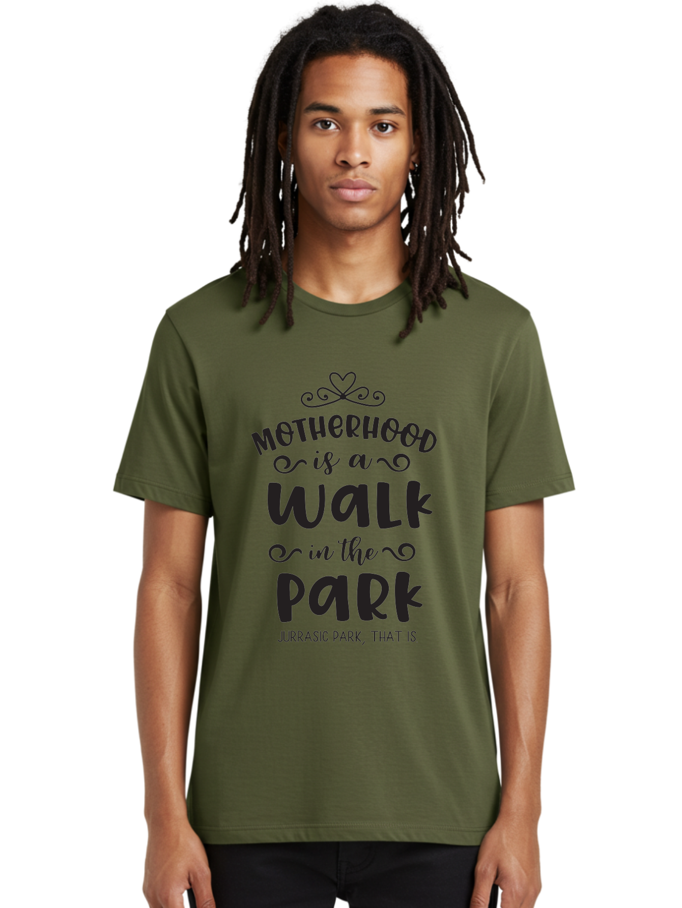 Motherhood-Is-A-Walk-In-Jurassic-Park Men'S Graphic Tee, 100% Cotton, Comfortable Casual Summer Wear, Machine Washable, Funny Motherhood Quote, Humorous Parenting Phrase, Jurassic Park Reference, Playful Mom Joke, Parenting Humor, Mom Life, Aad027