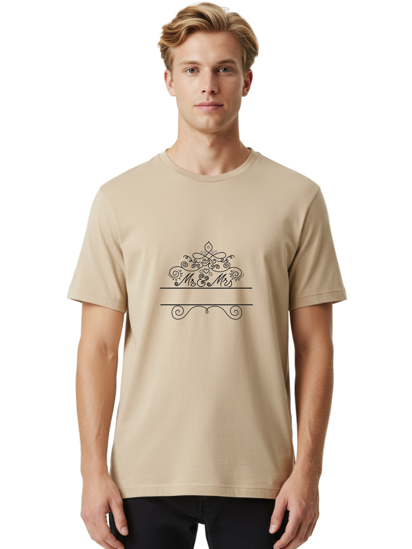 Mr-Mrs Men'S Graphic Tee, 100% Cotton, Comfortable Casual Summer Wear, Machine Washable, Wedding Invitation, Couple'S Love, Mr & Mrs, Elegant Design, Ornate Tiara, Swirling Patterns, Heart Motifs, Luxury Wedding, Black Line Art, Aad031