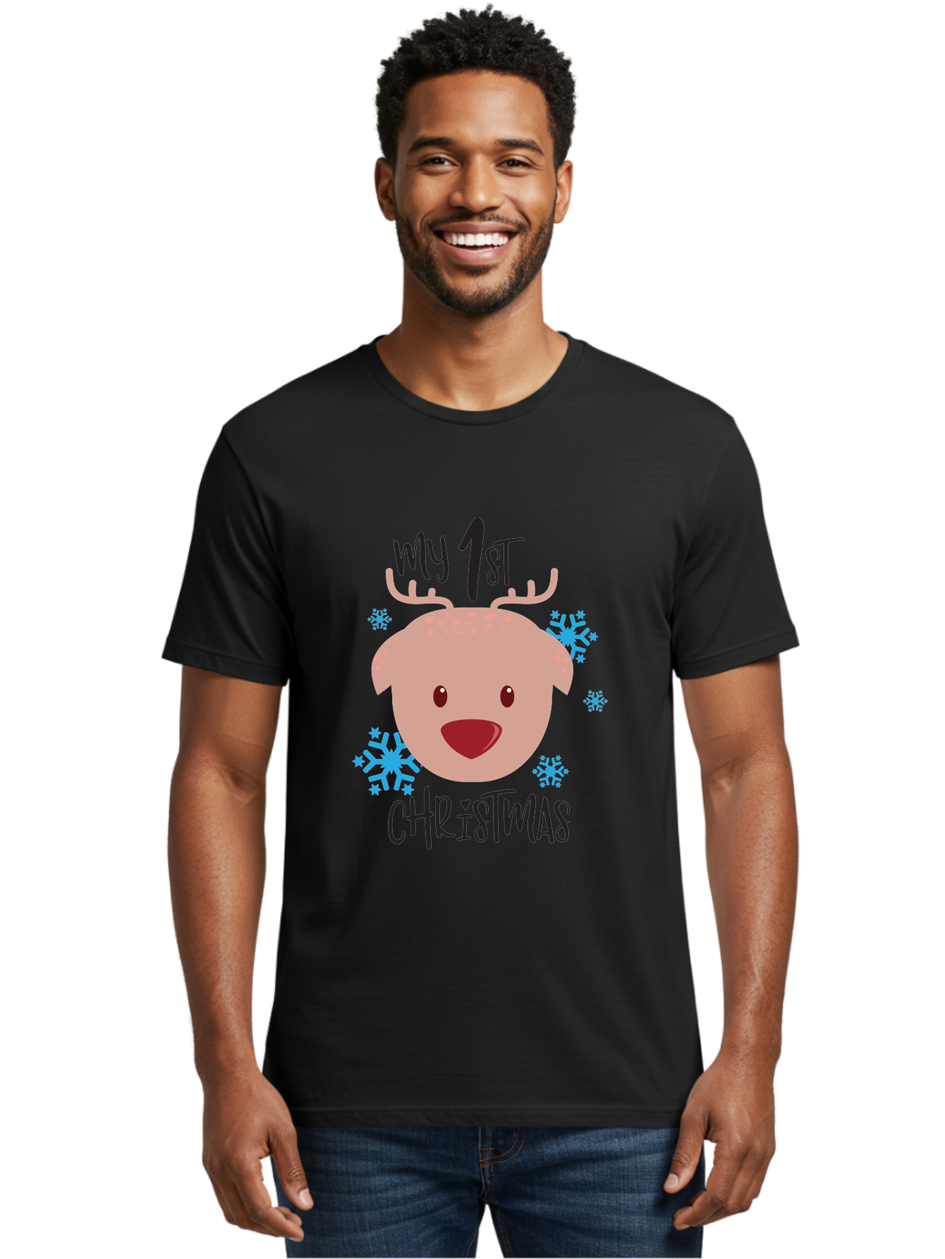 My-1St-Christist Men'S Graphic Tee, 100% Cotton, Comfortable Casual Summer Wear, Machine Washable, Baby'S First Christmas, Festive Illustration, Cute Reindeer Face, Snowflakes, Holiday Design, Winter Wonderland, Joyful Atmosphere, Aad033