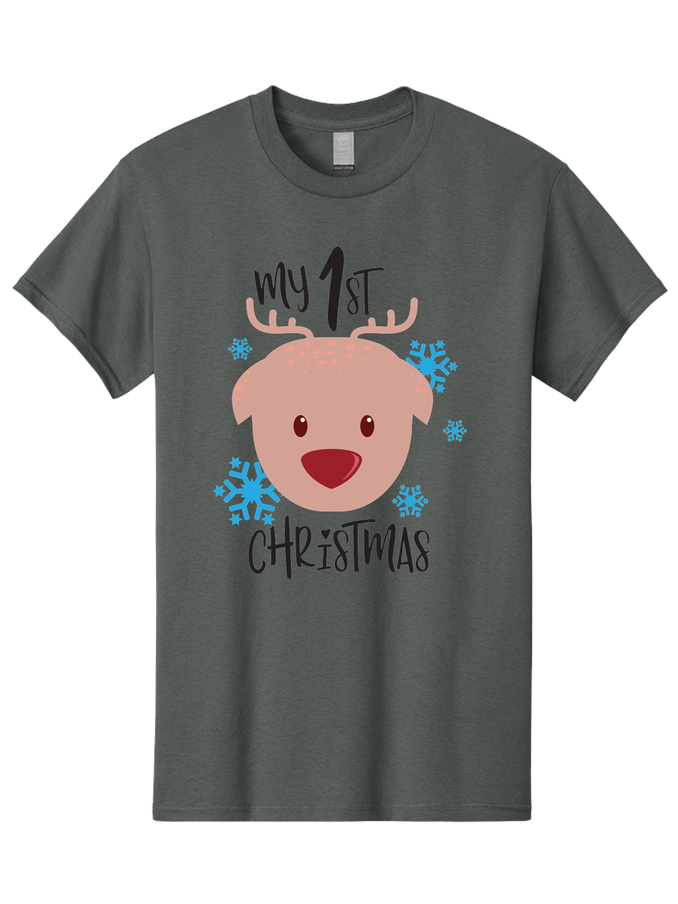 My-1St-Christist Men'S Graphic Tee, 100% Cotton, Comfortable Casual Summer Wear, Machine Washable, Baby'S First Christmas, Festive Illustration, Cute Reindeer Face, Snowflakes, Holiday Design, Winter Wonderland, Joyful Atmosphere, Aad033