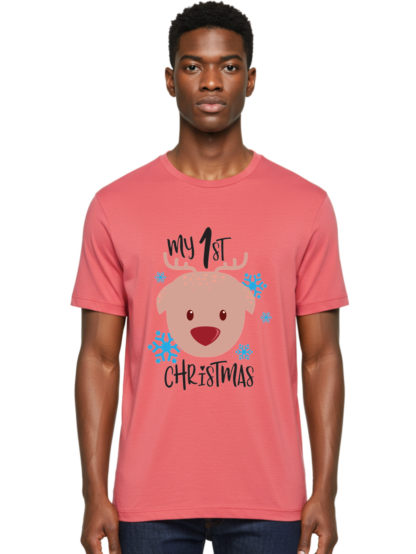 My-1St-Christist Men'S Graphic Tee, 100% Cotton, Comfortable Casual Summer Wear, Machine Washable, Baby'S First Christmas, Festive Illustration, Cute Reindeer Face, Snowflakes, Holiday Design, Winter Wonderland, Joyful Atmosphere, Aad033