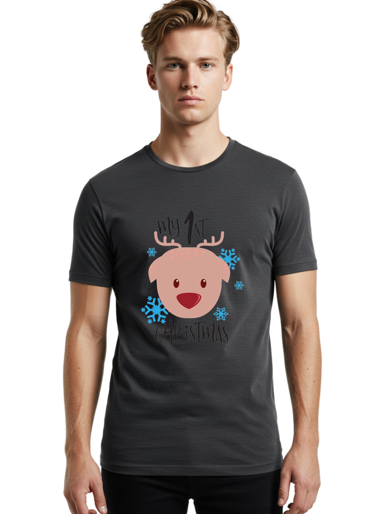 My-1St-Christist Men'S Graphic Tee, 100% Cotton, Comfortable Casual Summer Wear, Machine Washable, Baby'S First Christmas, Festive Illustration, Cute Reindeer Face, Snowflakes, Holiday Design, Winter Wonderland, Joyful Atmosphere, Aad033