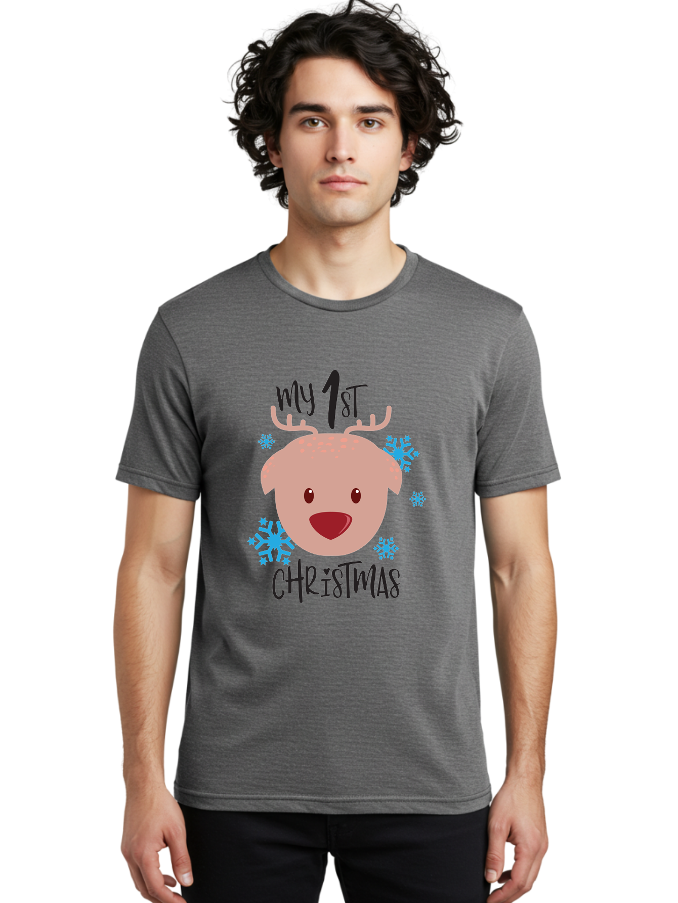 My-1St-Christist Men'S Graphic Tee, 100% Cotton, Comfortable Casual Summer Wear, Machine Washable, Baby'S First Christmas, Festive Illustration, Cute Reindeer Face, Snowflakes, Holiday Design, Winter Wonderland, Joyful Atmosphere, Aad033
