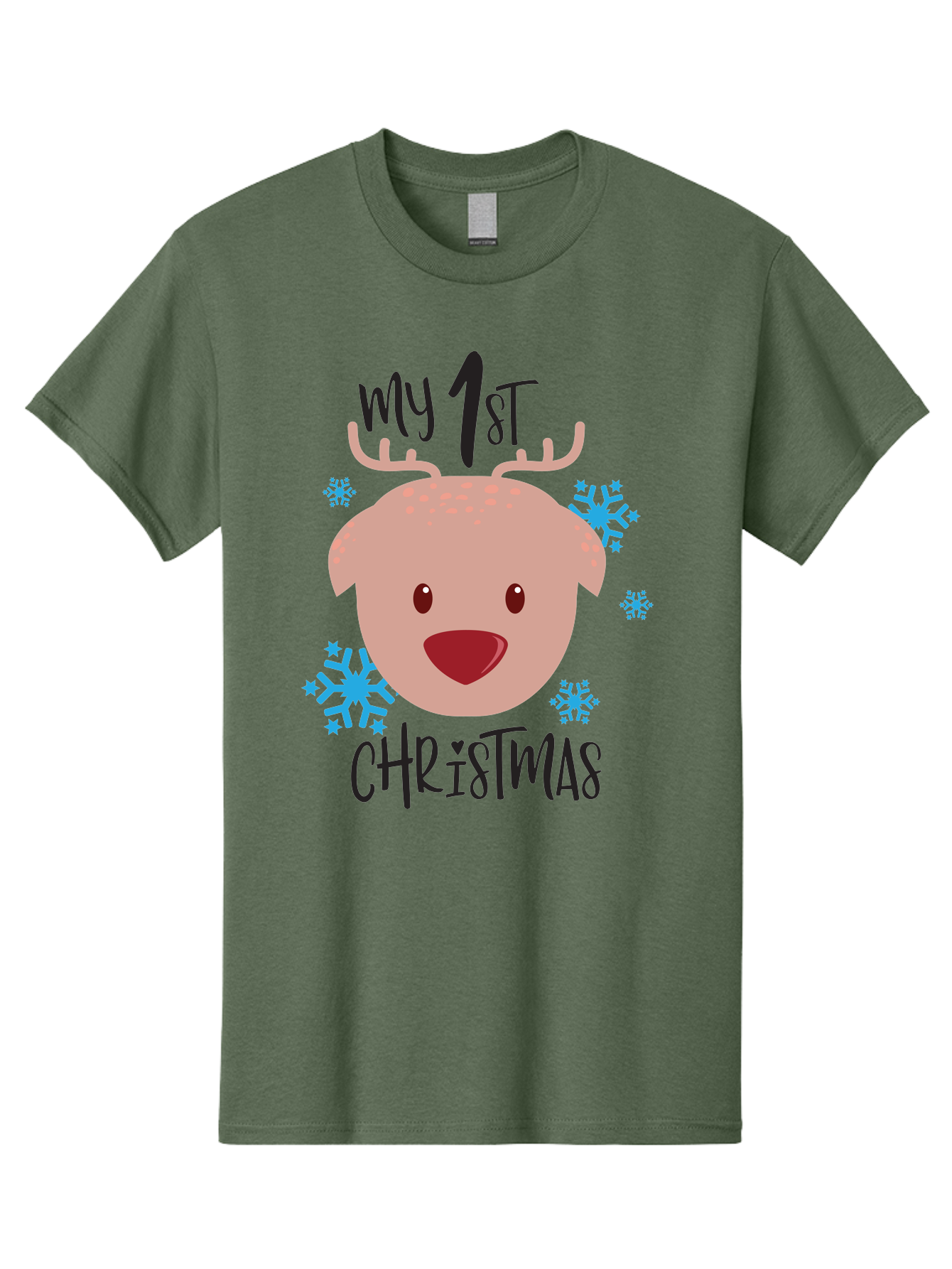 My-1St-Christist Men'S Graphic Tee, 100% Cotton, Comfortable Casual Summer Wear, Machine Washable, Baby'S First Christmas, Festive Illustration, Cute Reindeer Face, Snowflakes, Holiday Design, Winter Wonderland, Joyful Atmosphere, Aad033