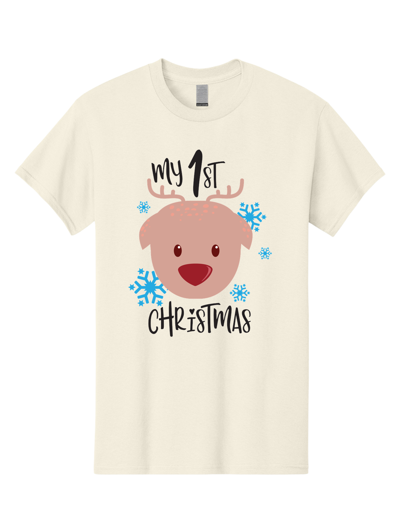 My-1St-Christist Men'S Graphic Tee, 100% Cotton, Comfortable Casual Summer Wear, Machine Washable, Baby'S First Christmas, Festive Illustration, Cute Reindeer Face, Snowflakes, Holiday Design, Winter Wonderland, Joyful Atmosphere, Aad033