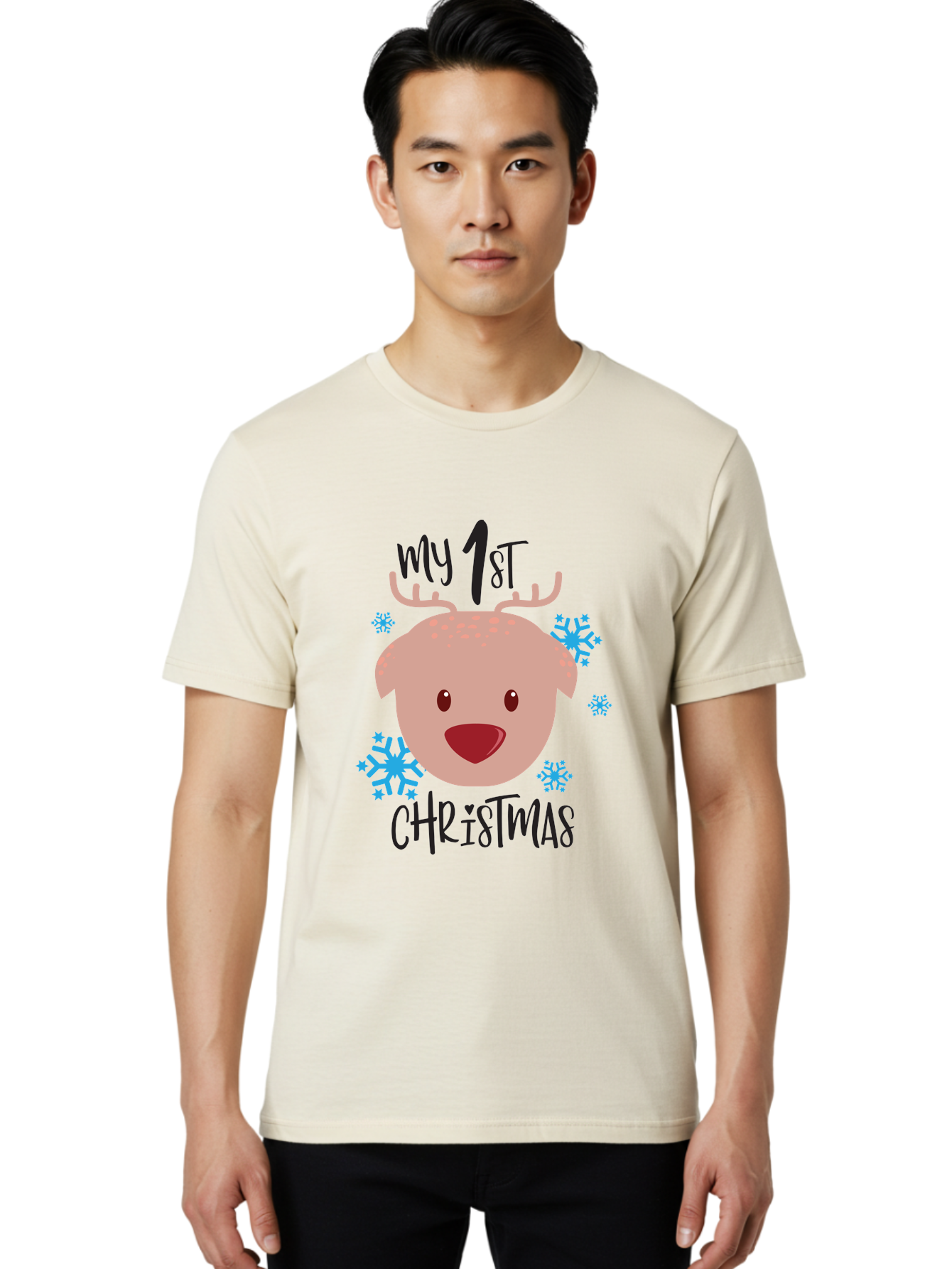 My-1St-Christist Men'S Graphic Tee, 100% Cotton, Comfortable Casual Summer Wear, Machine Washable, Baby'S First Christmas, Festive Illustration, Cute Reindeer Face, Snowflakes, Holiday Design, Winter Wonderland, Joyful Atmosphere, Aad033