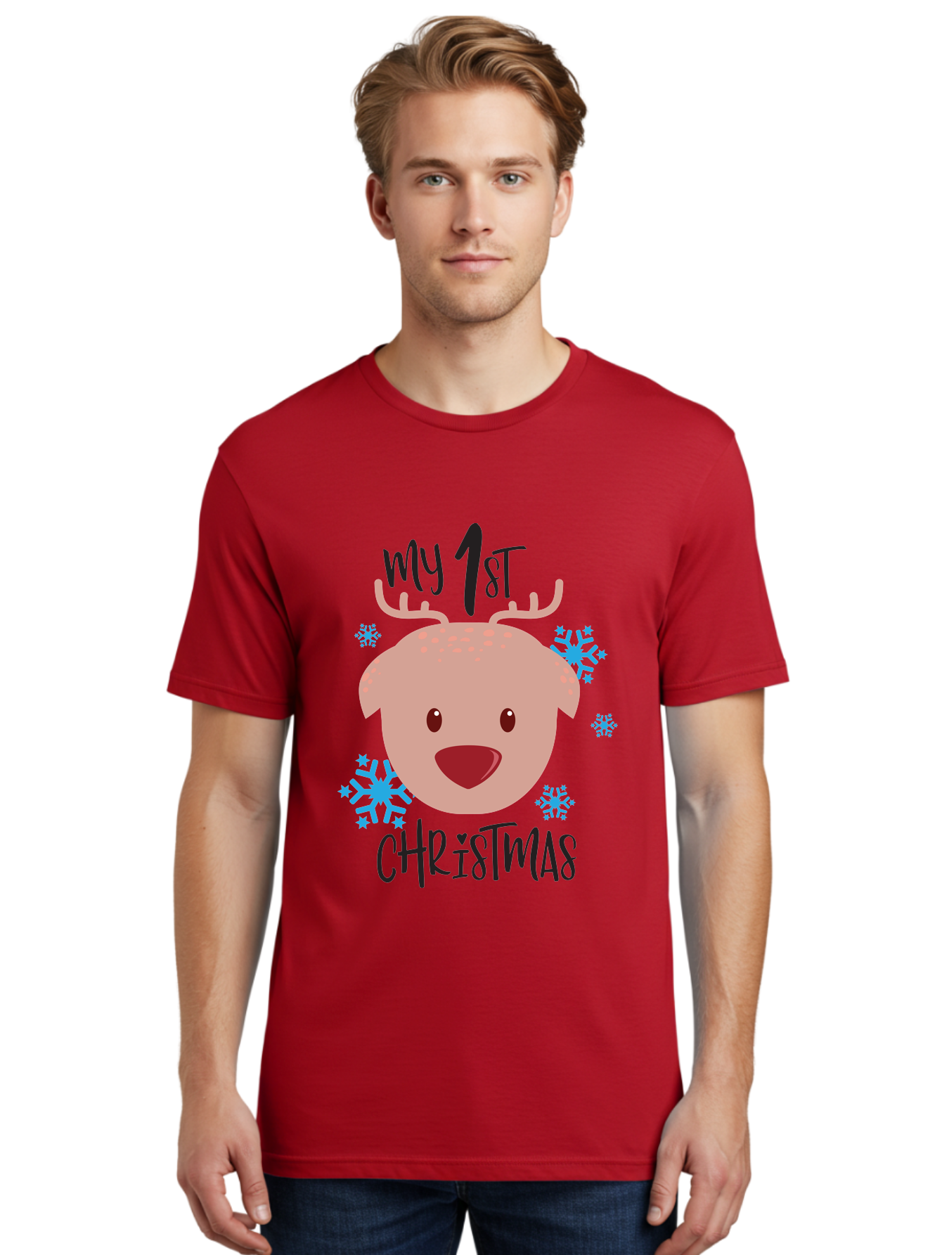 My-1St-Christist Men'S Graphic Tee, 100% Cotton, Comfortable Casual Summer Wear, Machine Washable, Baby'S First Christmas, Festive Illustration, Cute Reindeer Face, Snowflakes, Holiday Design, Winter Wonderland, Joyful Atmosphere, Aad033
