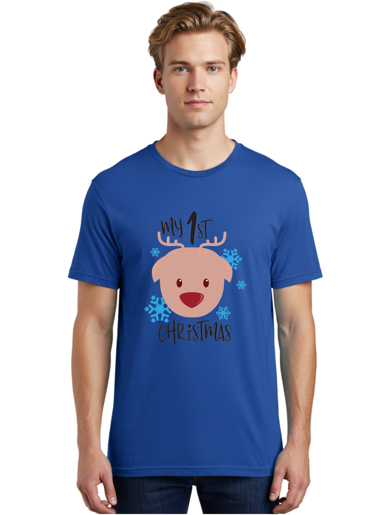 My-1St-Christist Men'S Graphic Tee, 100% Cotton, Comfortable Casual Summer Wear, Machine Washable, Baby'S First Christmas, Festive Illustration, Cute Reindeer Face, Snowflakes, Holiday Design, Winter Wonderland, Joyful Atmosphere, Aad033