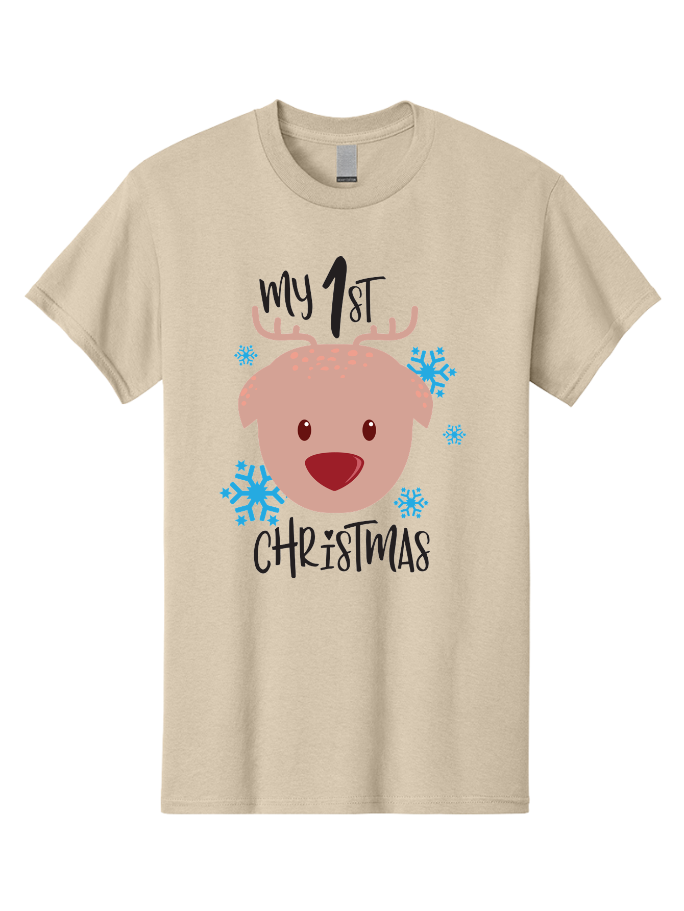 My-1St-Christist Men'S Graphic Tee, 100% Cotton, Comfortable Casual Summer Wear, Machine Washable, Baby'S First Christmas, Festive Illustration, Cute Reindeer Face, Snowflakes, Holiday Design, Winter Wonderland, Joyful Atmosphere, Aad033