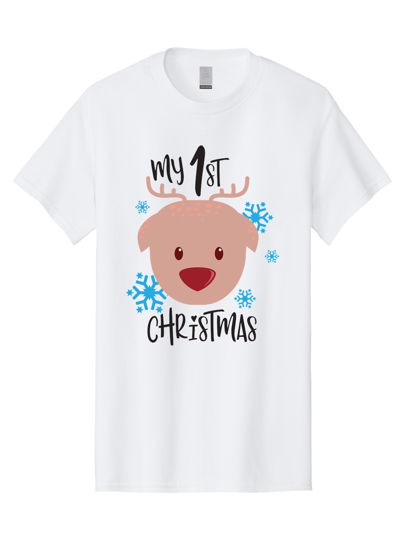 My-1St-Christist Men'S Graphic Tee, 100% Cotton, Comfortable Casual Summer Wear, Machine Washable, Baby'S First Christmas, Festive Illustration, Cute Reindeer Face, Snowflakes, Holiday Design, Winter Wonderland, Joyful Atmosphere, Aad033
