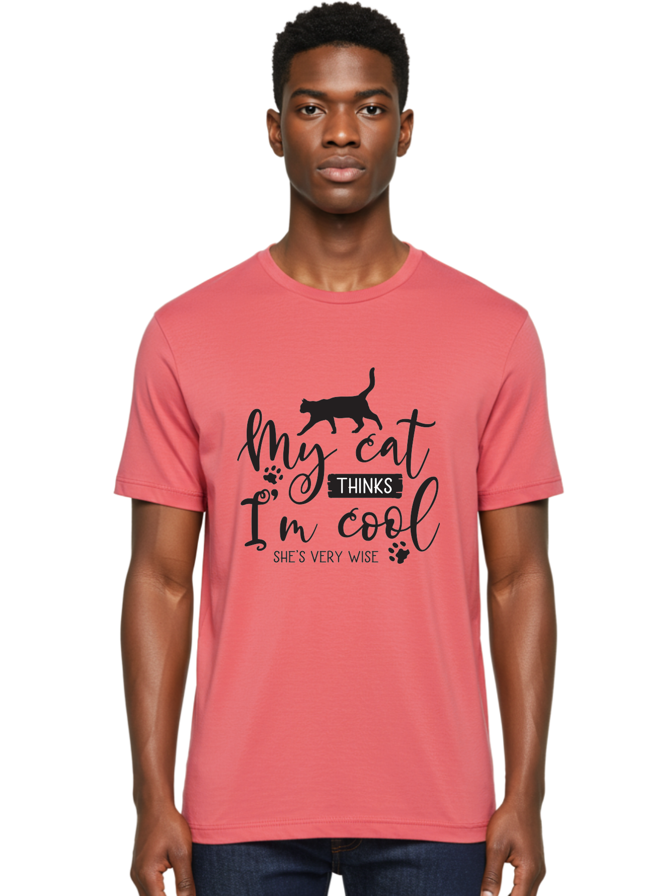 My-Cat-Thinks-I-M-Cool Men'S Graphic Tee, 100% Cotton, Comfortable Casual Summer Wear, Machine Washable, Funny Cat Quote, Cat Lovers Gift, Cool Cat Design, Feline Humor, Witty Saying, Cat Paw Prints, Clever Typography, Cat Silhouette Aad035