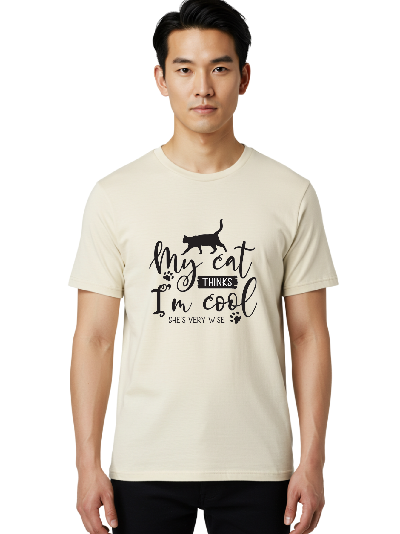 My-Cat-Thinks-I-M-Cool Men'S Graphic Tee, 100% Cotton, Comfortable Casual Summer Wear, Machine Washable, Funny Cat Quote, Cat Lovers Gift, Cool Cat Design, Feline Humor, Witty Saying, Cat Paw Prints, Clever Typography, Cat Silhouette Aad035