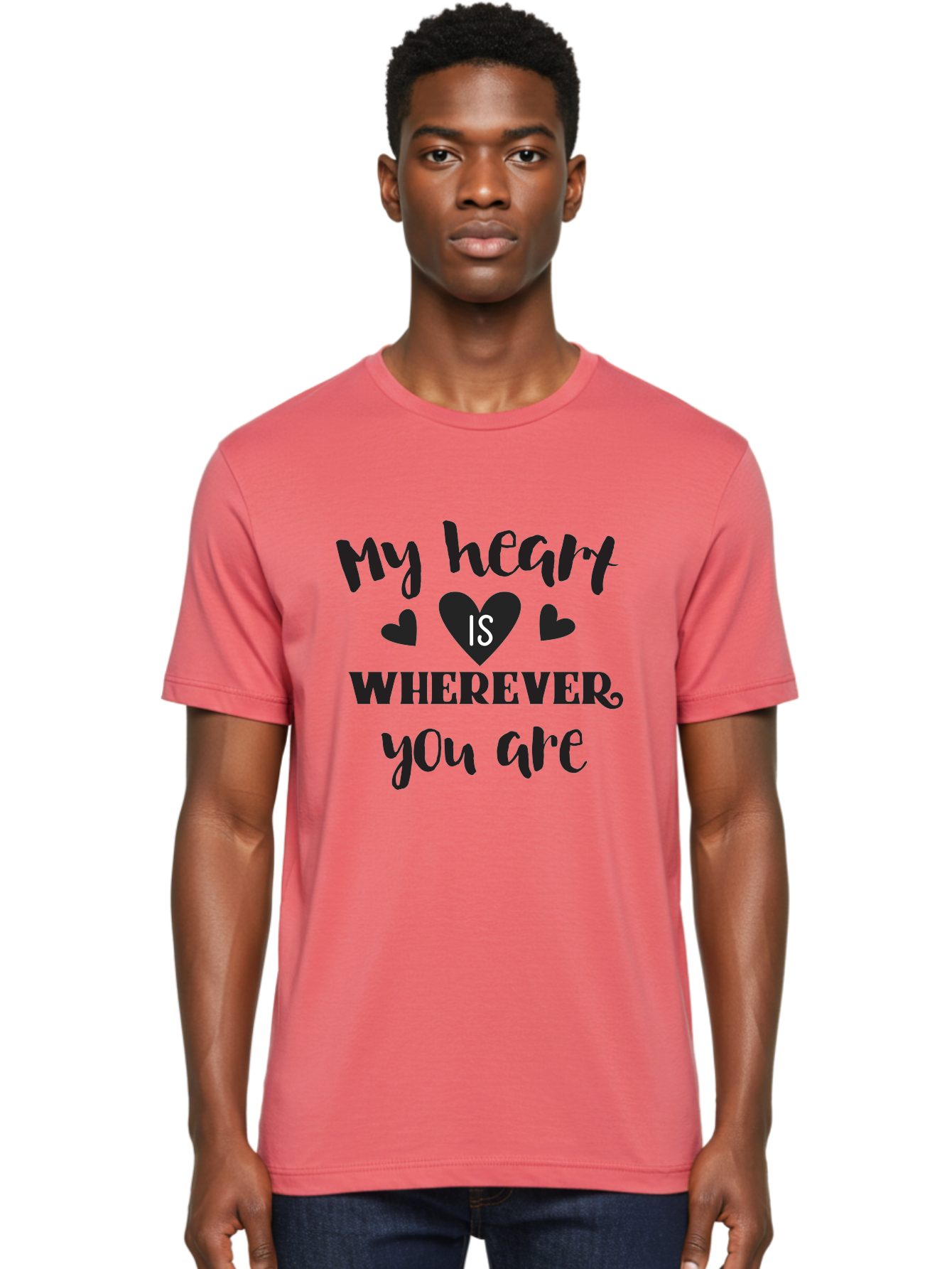 My-Heart-Is-Wherever-You-Are Men'S Graphic Tee, 100% Cotton, Comfortable Casual Summer Wear, Machine Washable, Love Quote, Heart Is Wherever You Are, Romantic Phrase, Black Hearts, Love Message, Heartfelt Sentiment, Relationship Goals, Aad039