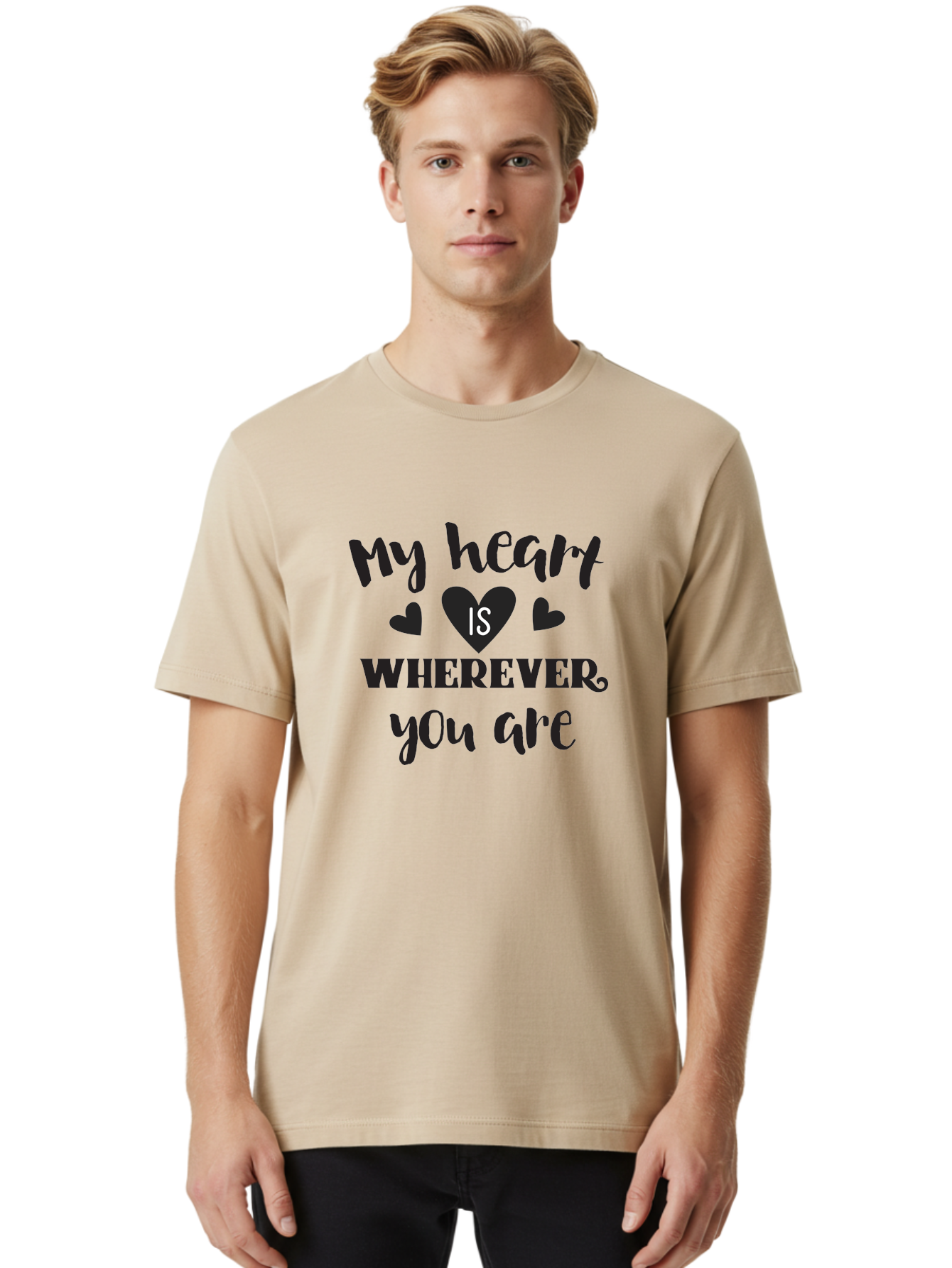 My-Heart-Is-Wherever-You-Are Men'S Graphic Tee, 100% Cotton, Comfortable Casual Summer Wear, Machine Washable, Love Quote, Heart Is Wherever You Are, Romantic Phrase, Black Hearts, Love Message, Heartfelt Sentiment, Relationship Goals, Aad039