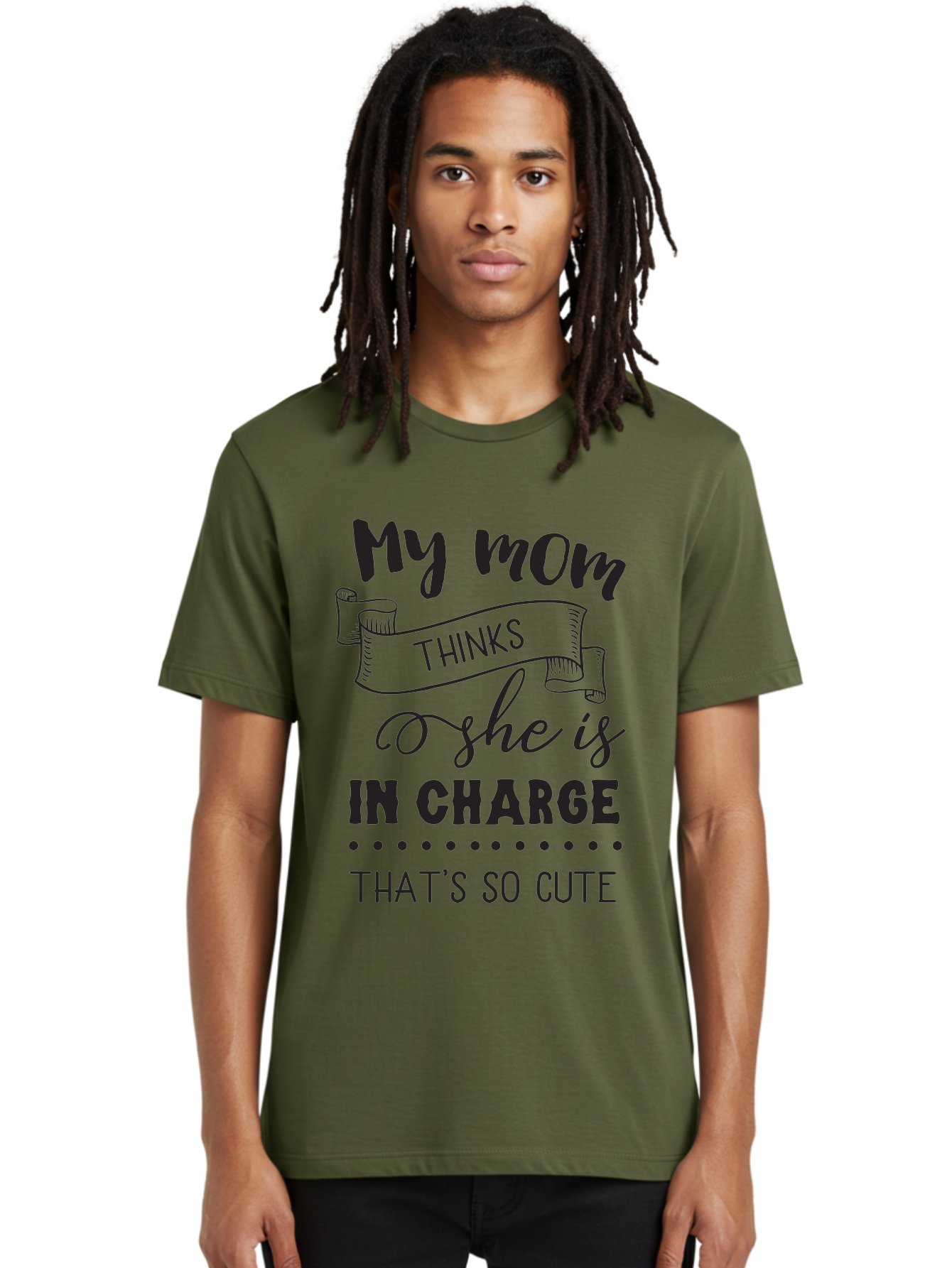 My-Mom-Thinks-She-Is-In-Charge Men'S Graphic Tee, 100% Cotton, Comfortable Casual Summer Wear, Machine Washable, Funny Quote, Humorous Saying, Mom Joke, Parenting Humor, Cute Phrase, Playful Design, Witty Saying, Mom Life, Sarcastic Humor Aad044