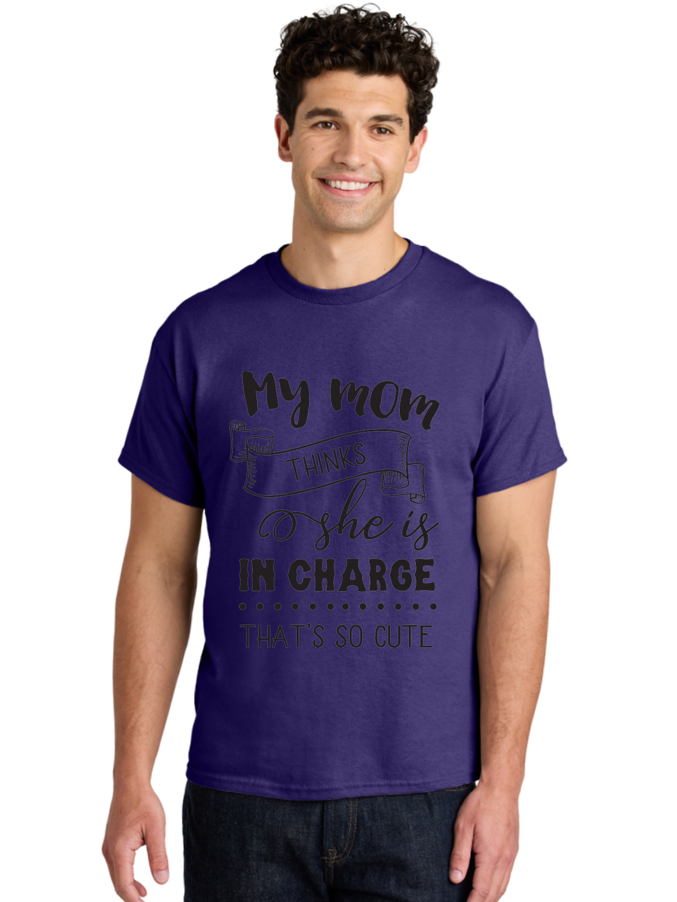 My-Mom-Thinks-She-Is-In-Charge Men'S Graphic Tee, 100% Cotton, Comfortable Casual Summer Wear, Machine Washable, Funny Quote, Humorous Saying, Mom Joke, Parenting Humor, Cute Phrase, Playful Design, Witty Saying, Mom Life, Sarcastic Humor Aad044