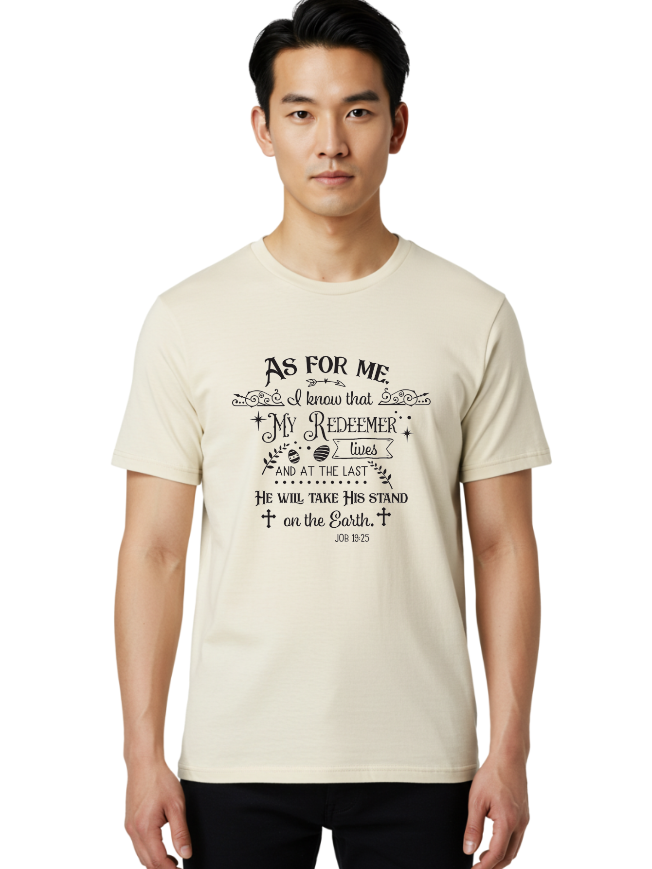 My-Redeemer-Lives Men'S Graphic Tee, 100% Cotton, Comfortable Casual Summer Wear, Machine Washable, Inspirational Quote, Christian Faith, Biblical Verse, Job 19:25, Spiritual Message, Hopeful Words, Religious Art, Decorative Typography, Aad046