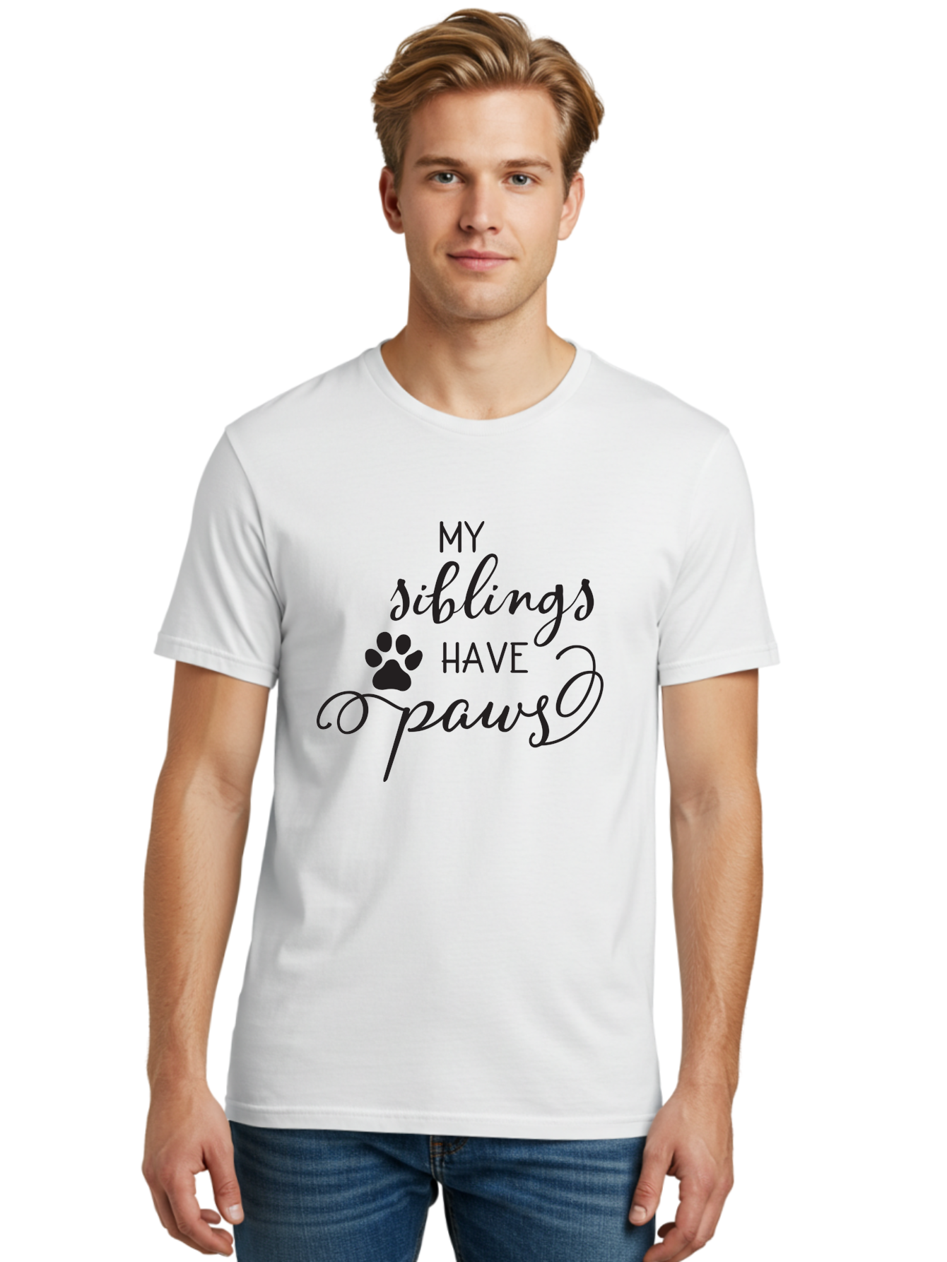 My-Siblings-Have-Paws Men'S Graphic Tee, 100% Cotton, Comfortable Casual Summer Wear, Machine Washable, Sibling Love, Pet Owners, Dog Lovers, Funny Quote, Playful Design, Animal Theme, Paw Print, Unique Gift, Pet Siblings Aad047